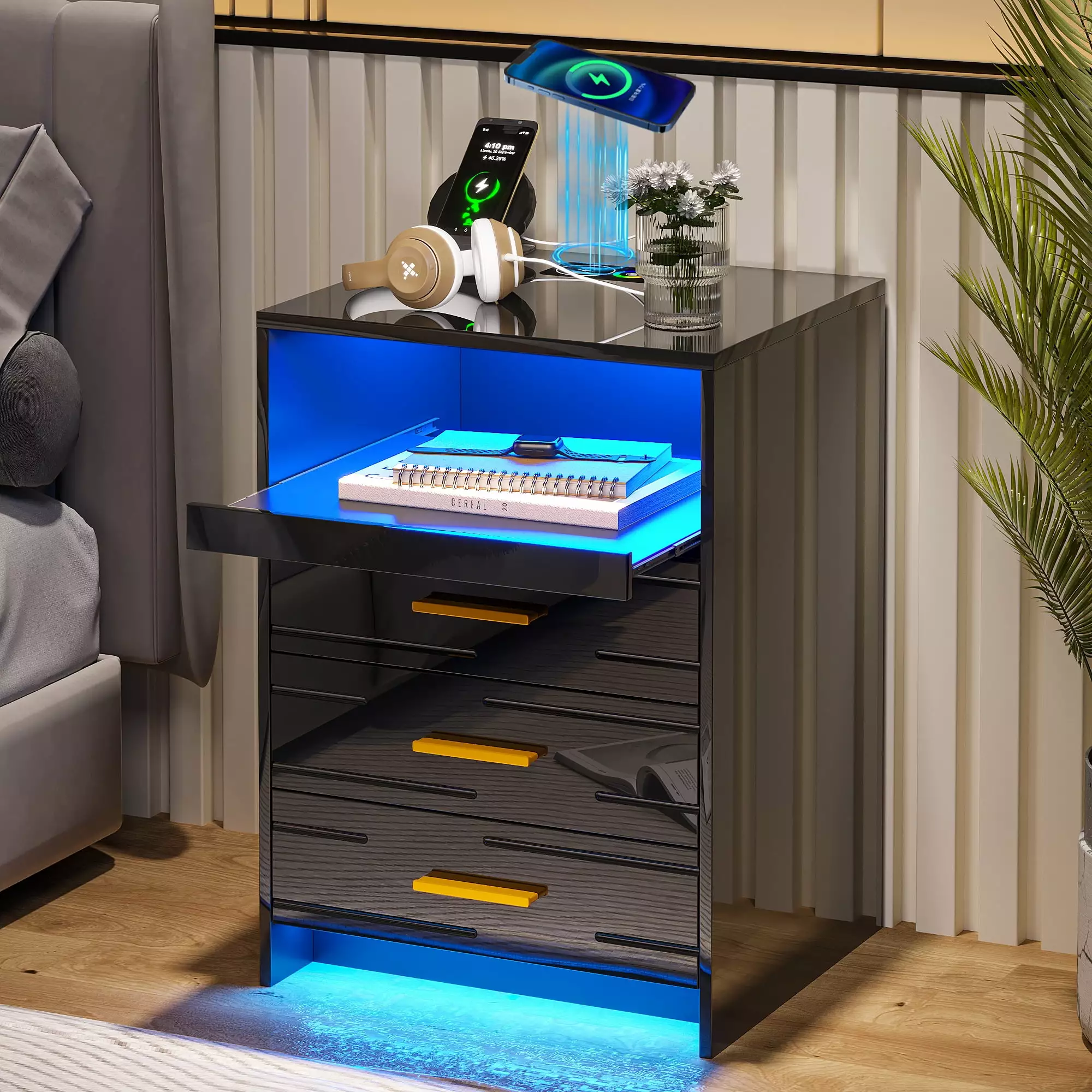 HNEBC Intelligent LED Nightstand Wireless Charging USB Ports High Glossy Drawers Pull-Out Tray Black