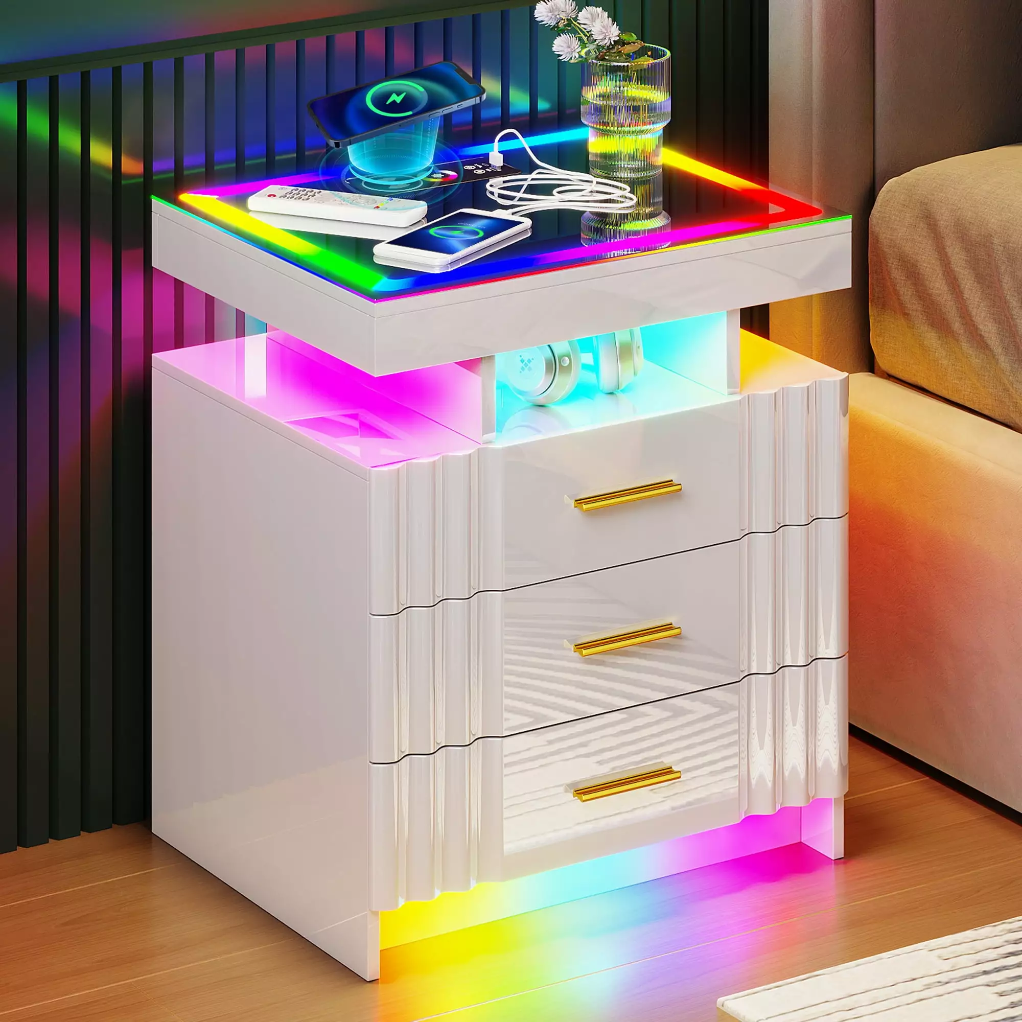 HNEBC LED Nightstand Mirror Top - 3 Drawer Bedside Table USB/Type-C/Wireless Charging & Auto Sensor Lighting
