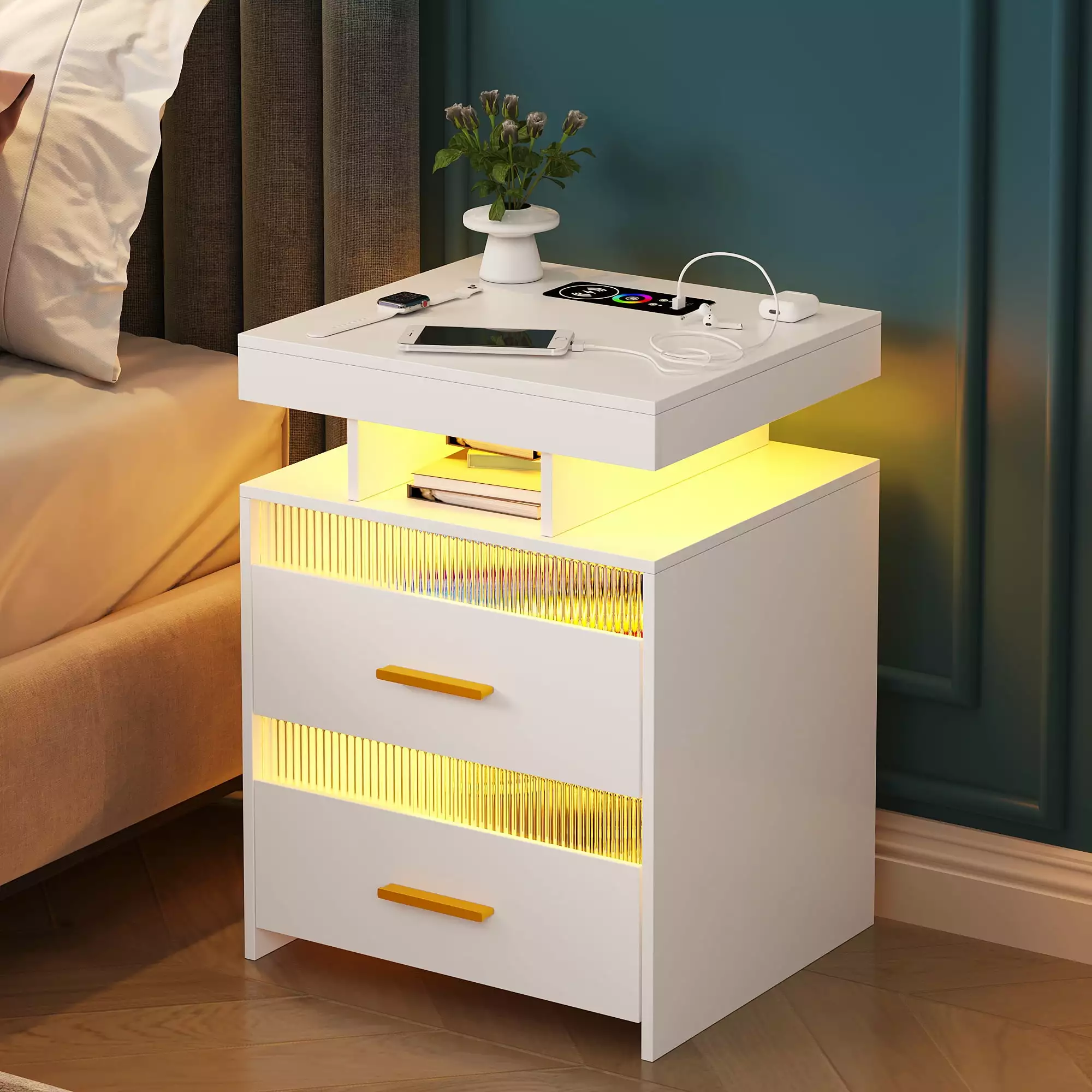 HNEBC Smart LED Nightstand Wireless Charging USB Type-C Ports and Auto Induction Lights
