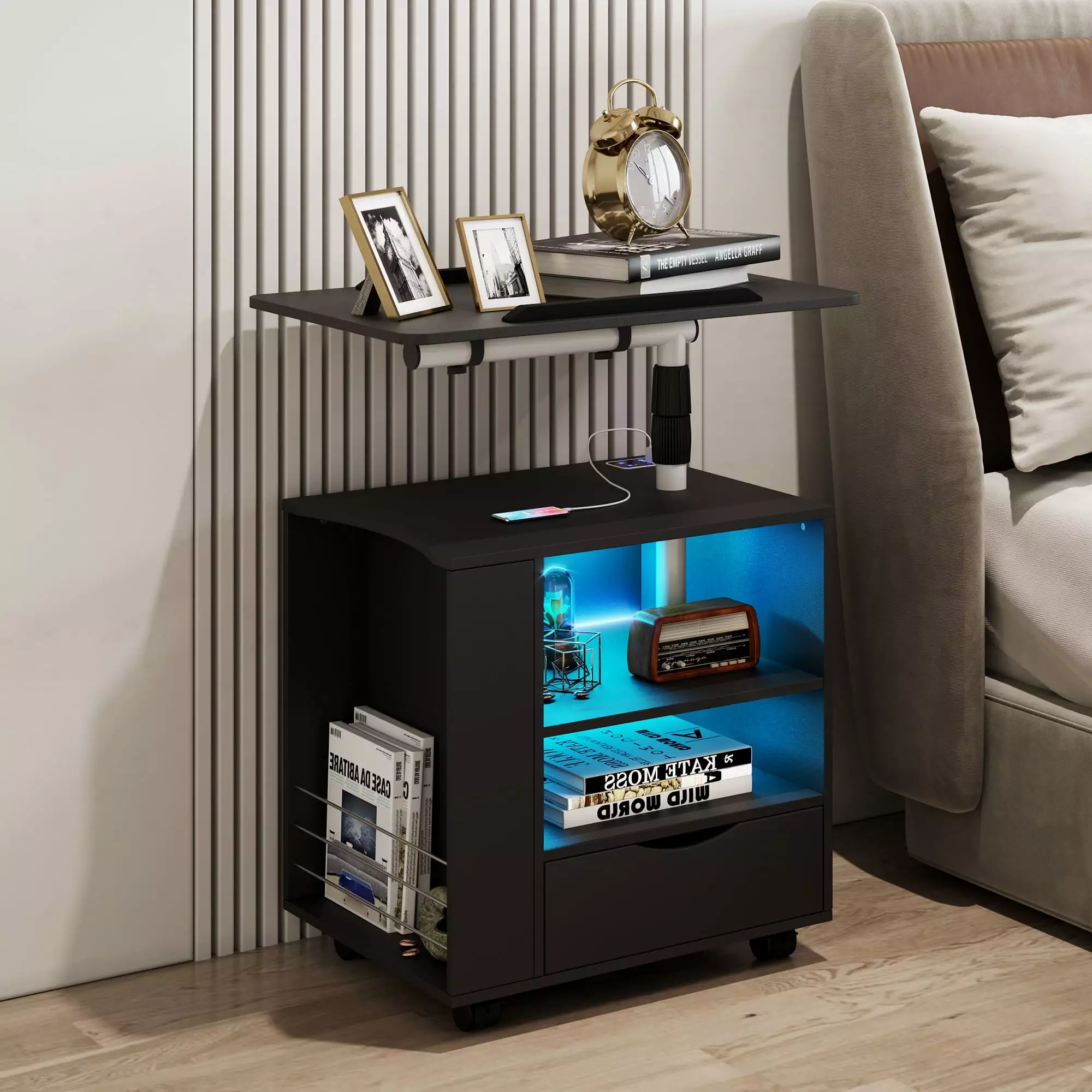 LVSOMT Modern Nightstand Charging Station LED Lights and 360 Laptop Tray Black