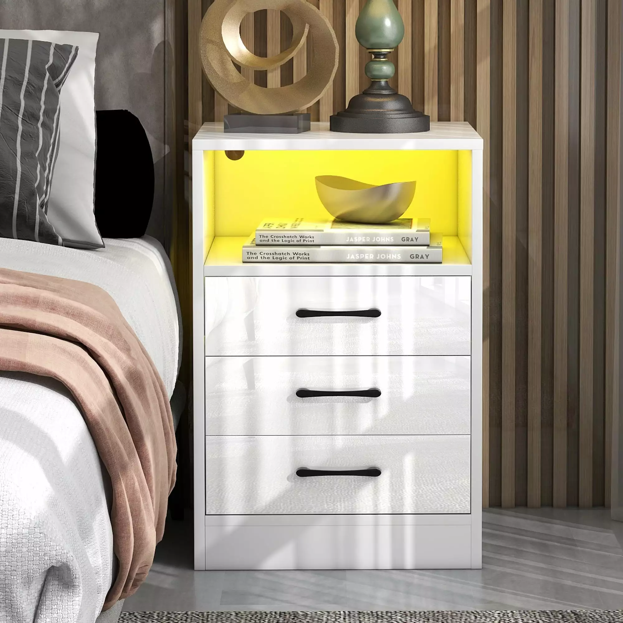 Paproos LED Nightstand USB Charging Ports Modern White Nightstand Wireless Charging and Remote Control LED