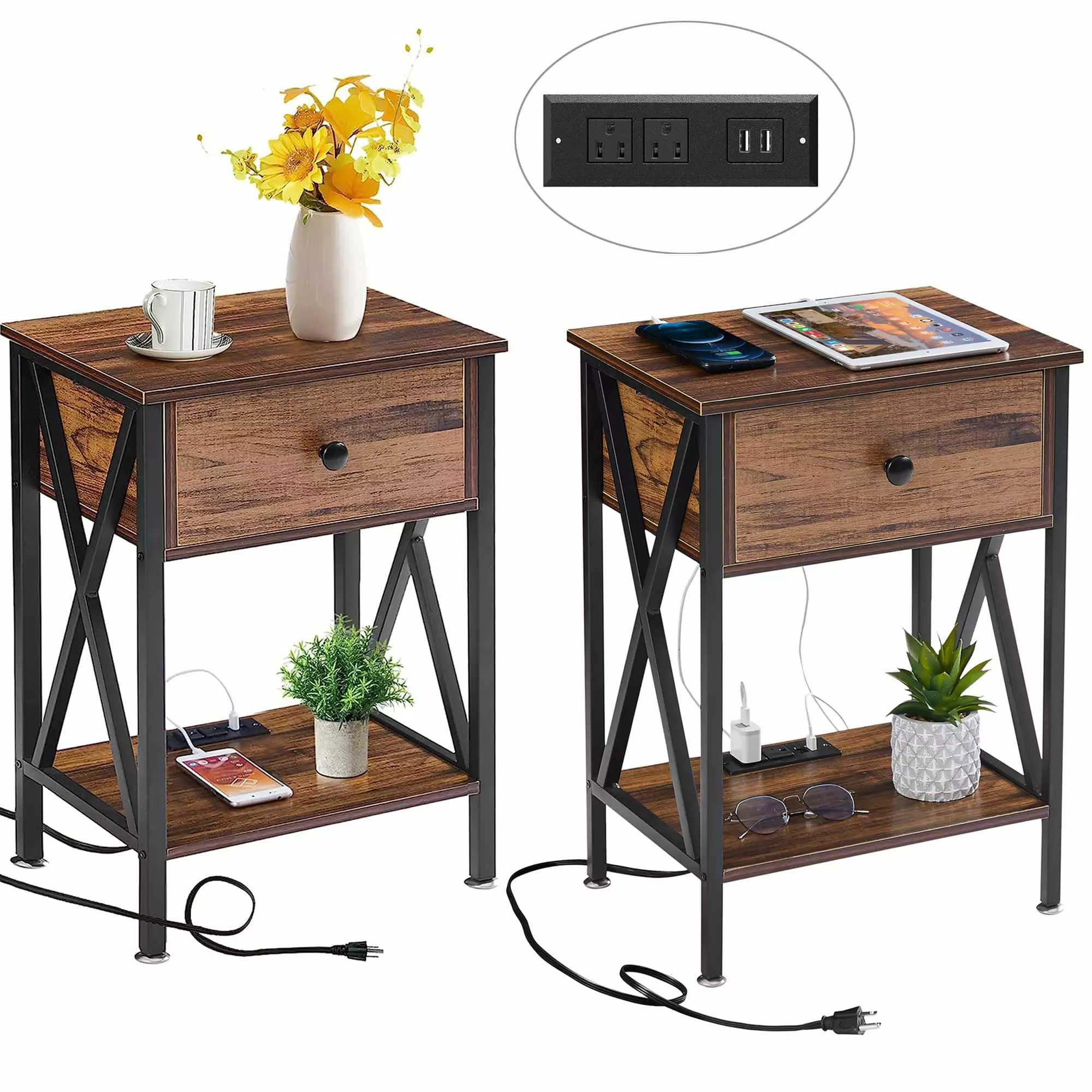 VECELO Set 2 Nightstands Charging Station USB Ports End Table Drawer and Shelf Bedroom Living Room Brown