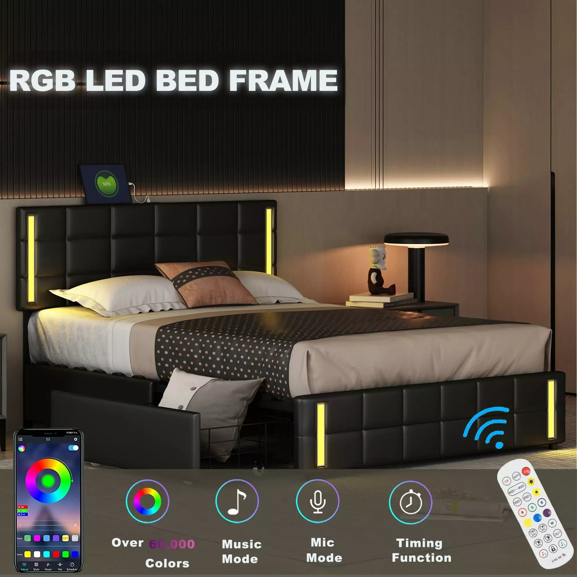 Bellemave Queen Size PU Upholstered Platform Bed LED Light and USB Charging Port Black