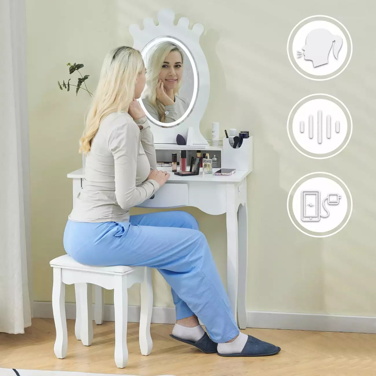 Vanity Table Lighted Mirror Charging Station Voice Touch Control Makeup Dresser Ansley&HosHo