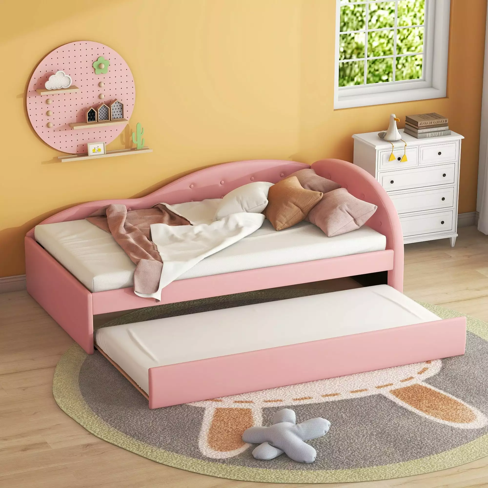 Euroco Twin Size PU Upholstery Daybed Tufted Sofa Bed Trundle Pink
