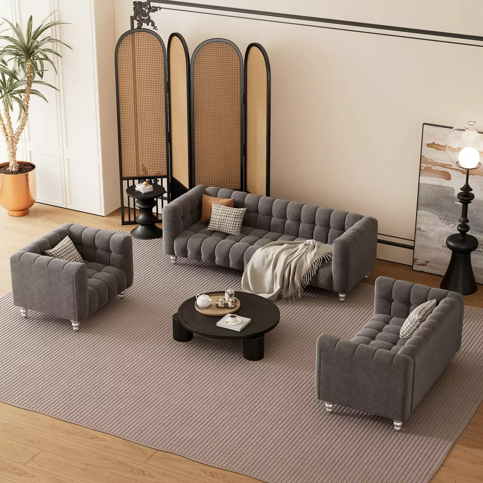 3-Piece Modern Gray Sofa Set Dutch Fleece Upholstery and Solid Wood Legs HATNOKIL