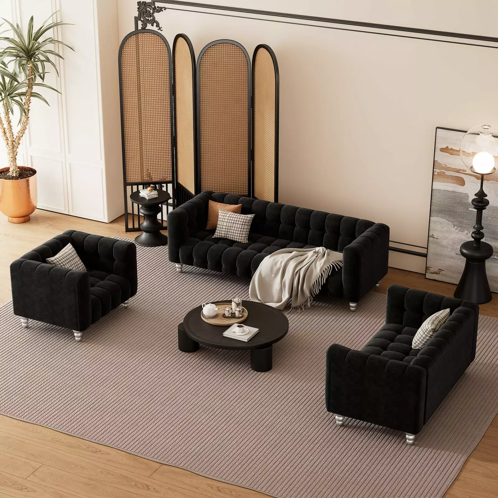 Modern 3-Piece Sofa Set Solid Wood Legs and Buttoned Tufted Backrest Dutch Fleece Upholstery 20AAB Miekor