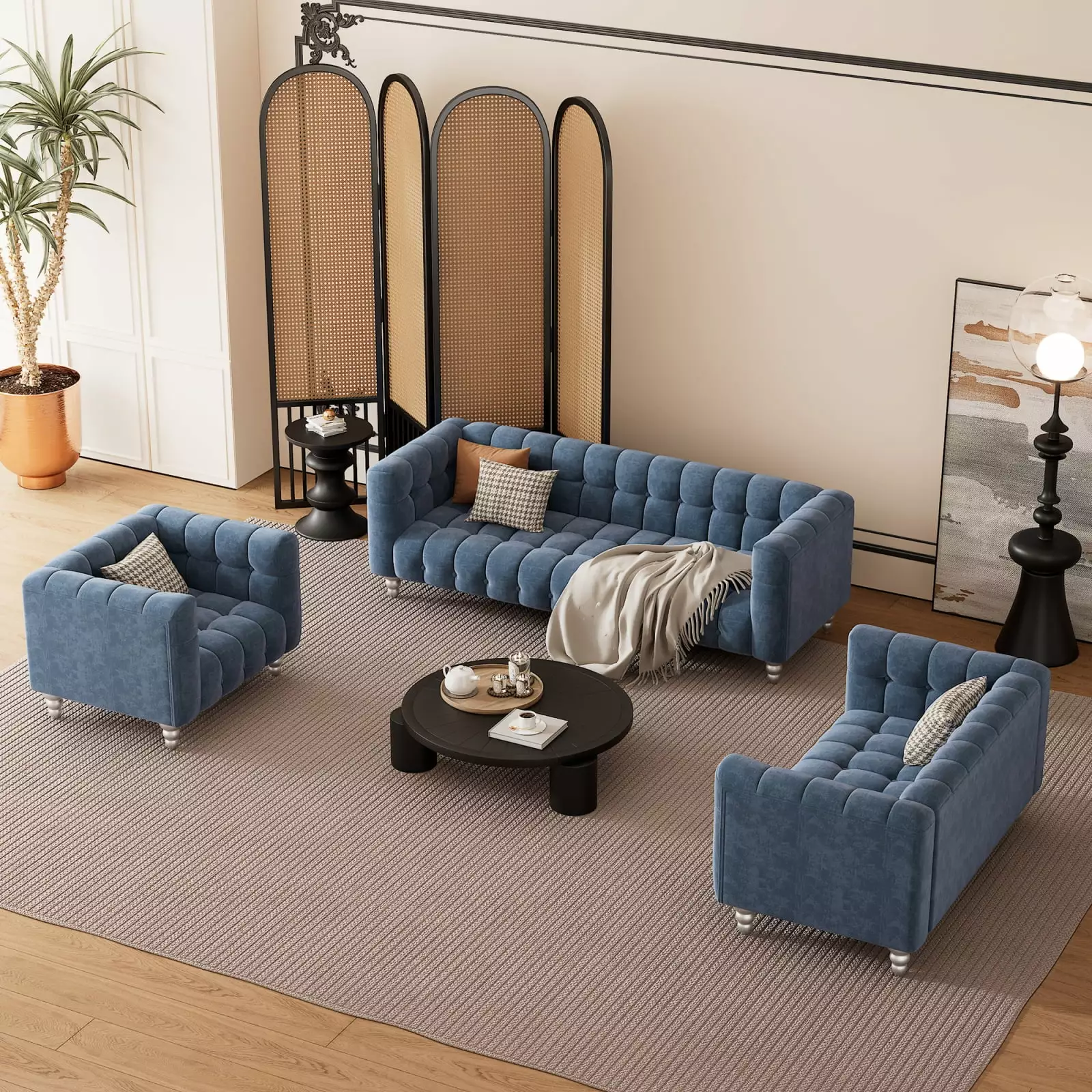 Modern 3-Piece Sofa Set Solid Wood Legs and Buttoned Tufted Backrest Dutch Fleece Upholstery 20AAC Miekor