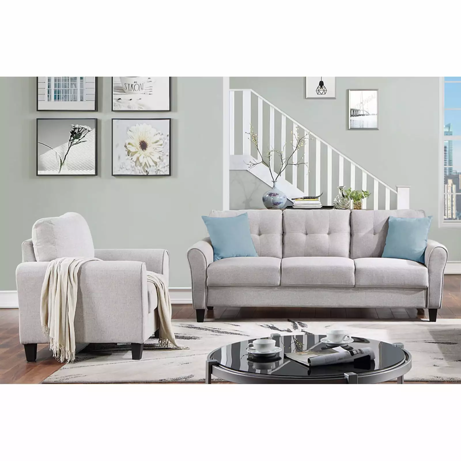 Light Grey Modern Living Room Sofa Set 1 3 Seats Combo Linen Upholstery Button Tufted Back High Resilience Foam Wodine
