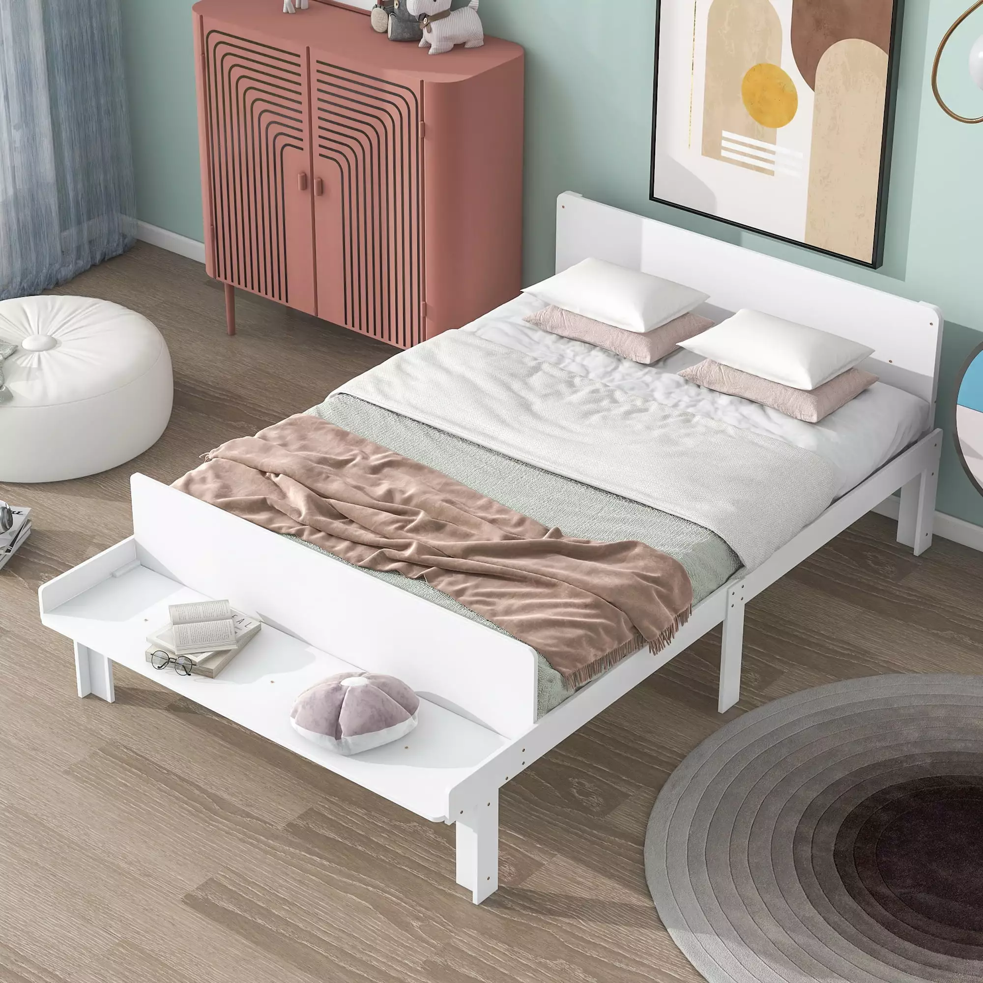 Miniyam White Full Size Bed Frame Space-Saving Bed-End Bench