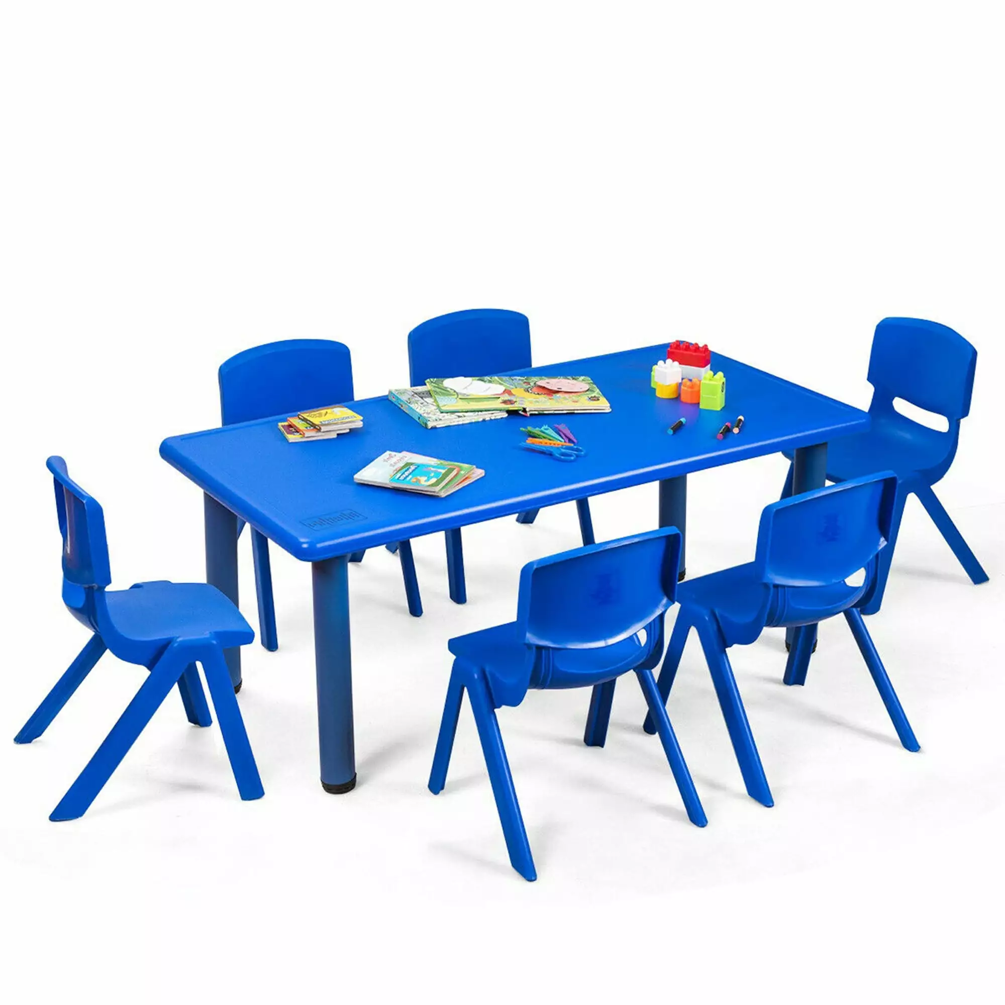 Gymax Kids Plastic Table and Stackable Chairs Set Indoor Outdoor Classroom Home Blue