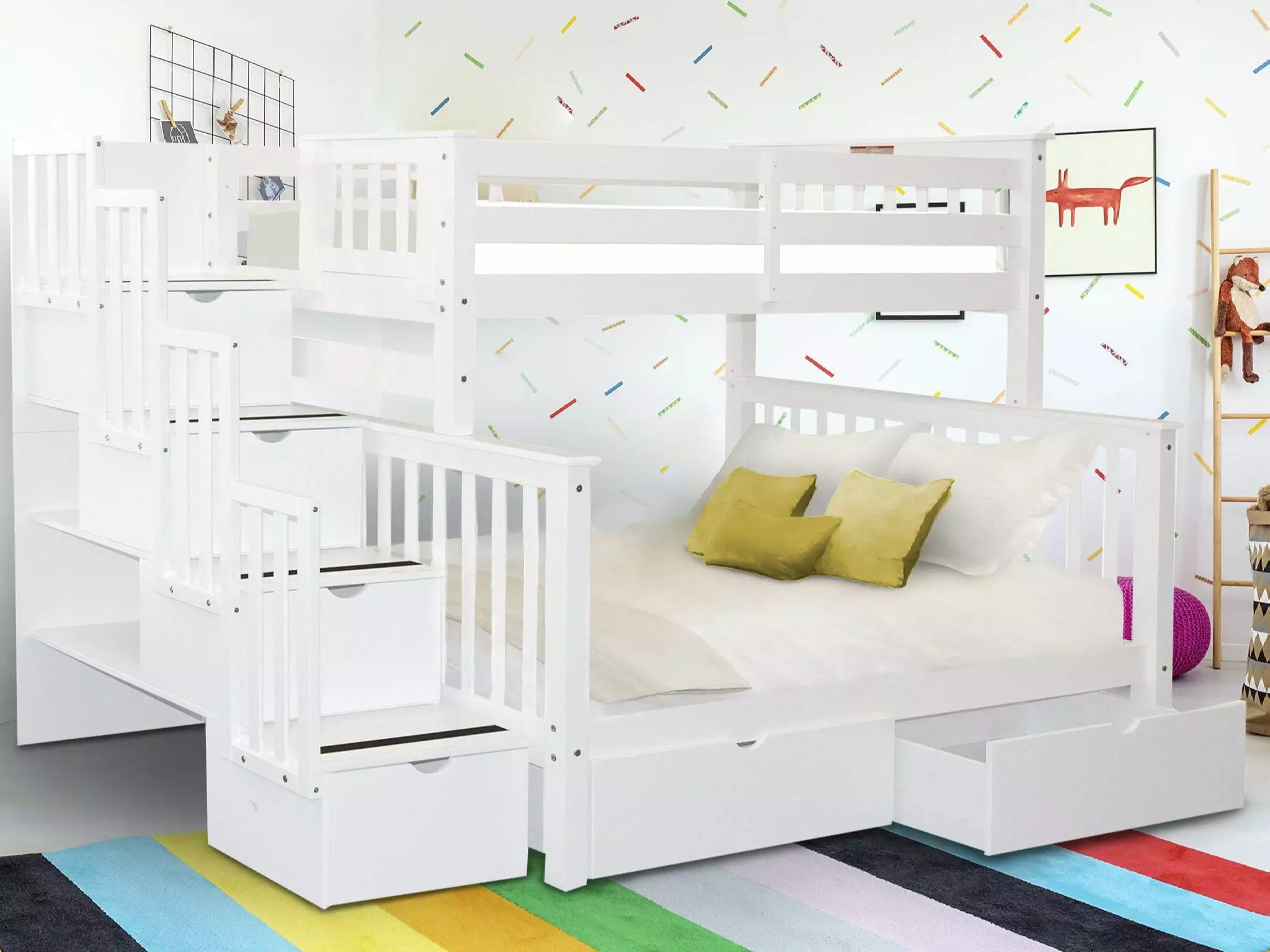 Bedz King Stairway Bunk Beds Twin over Full 4 Drawers Steps and 2 Under Bed Drawers White