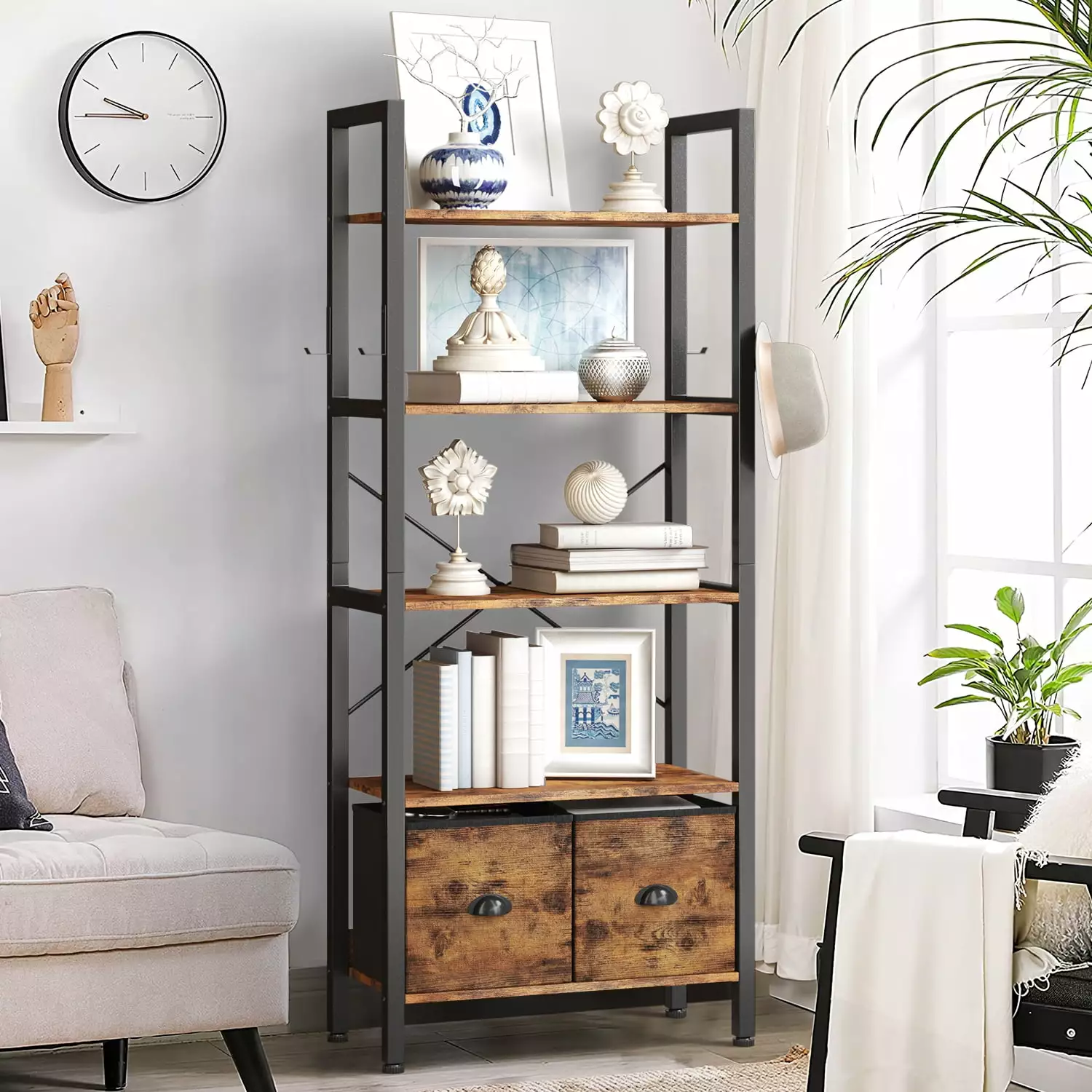 Oneinmil 5 Shelf Rustic Brown Bookcase 2 Drawers Living Room or Home Office