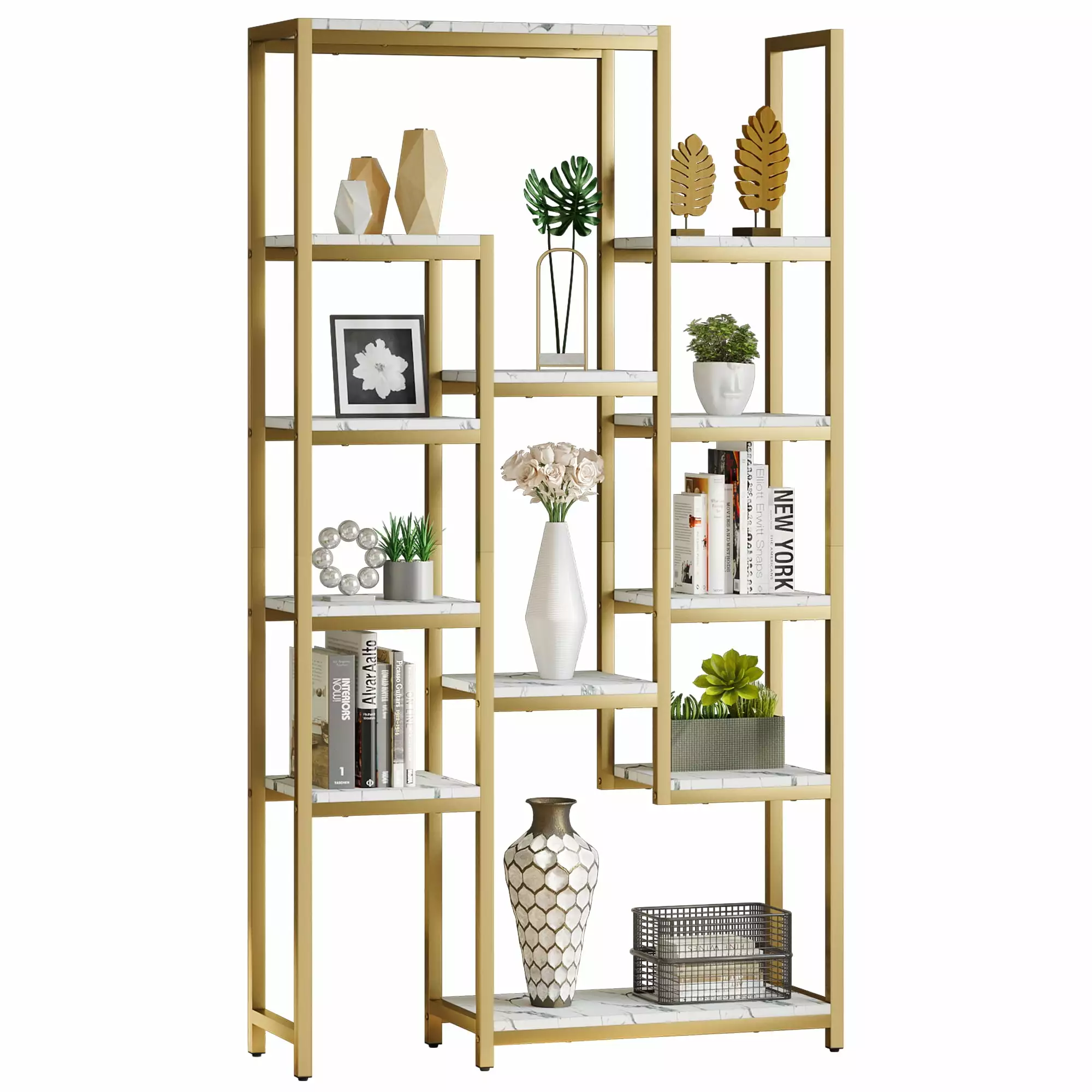 Gold Bookshelf 6 Tier Tall Modern Free Standing Bookcase Faux Marble Open Display Storage Shelves DWVO