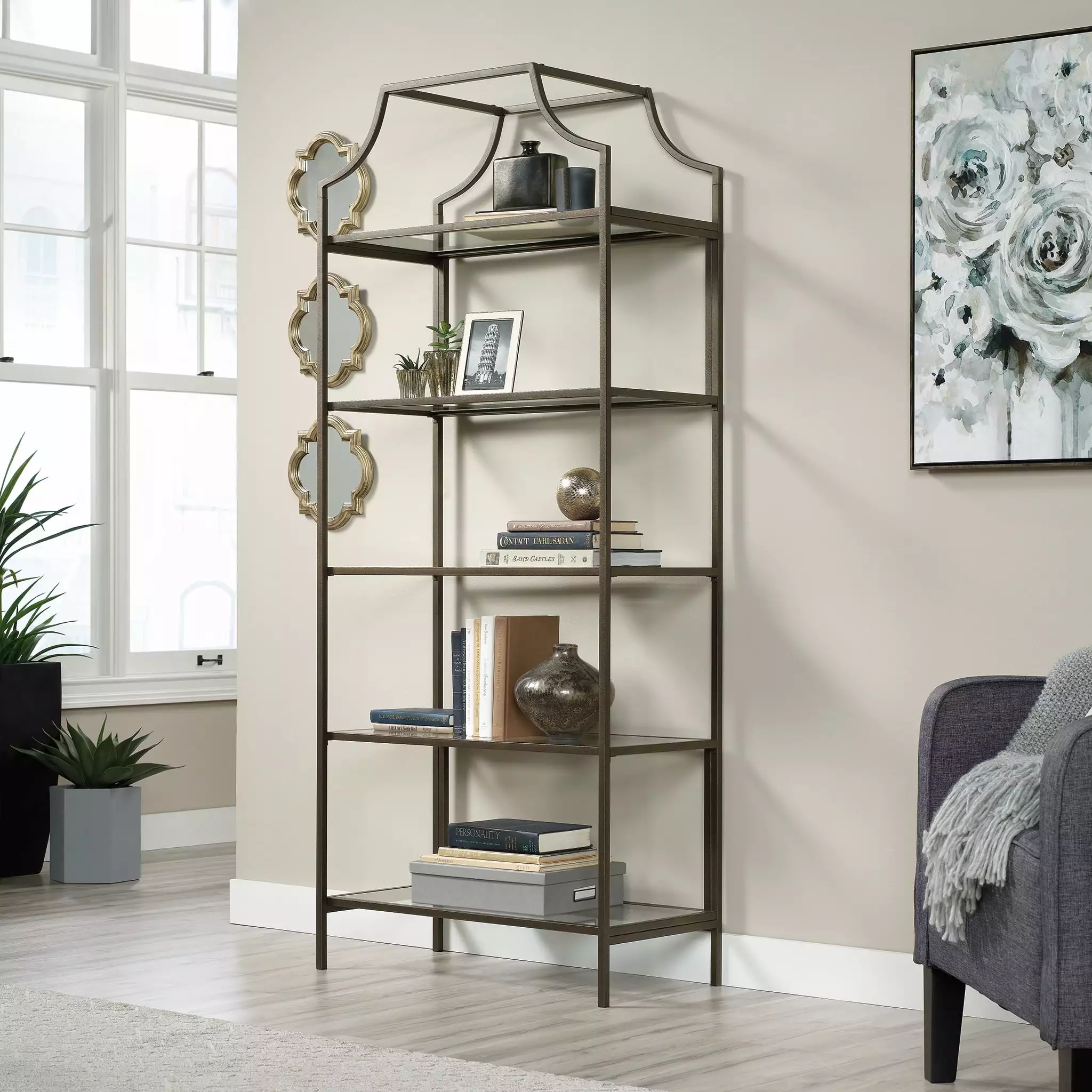 Sauder International Lux Bookcase Bronze Finish 5-Shelf Storage Furniture