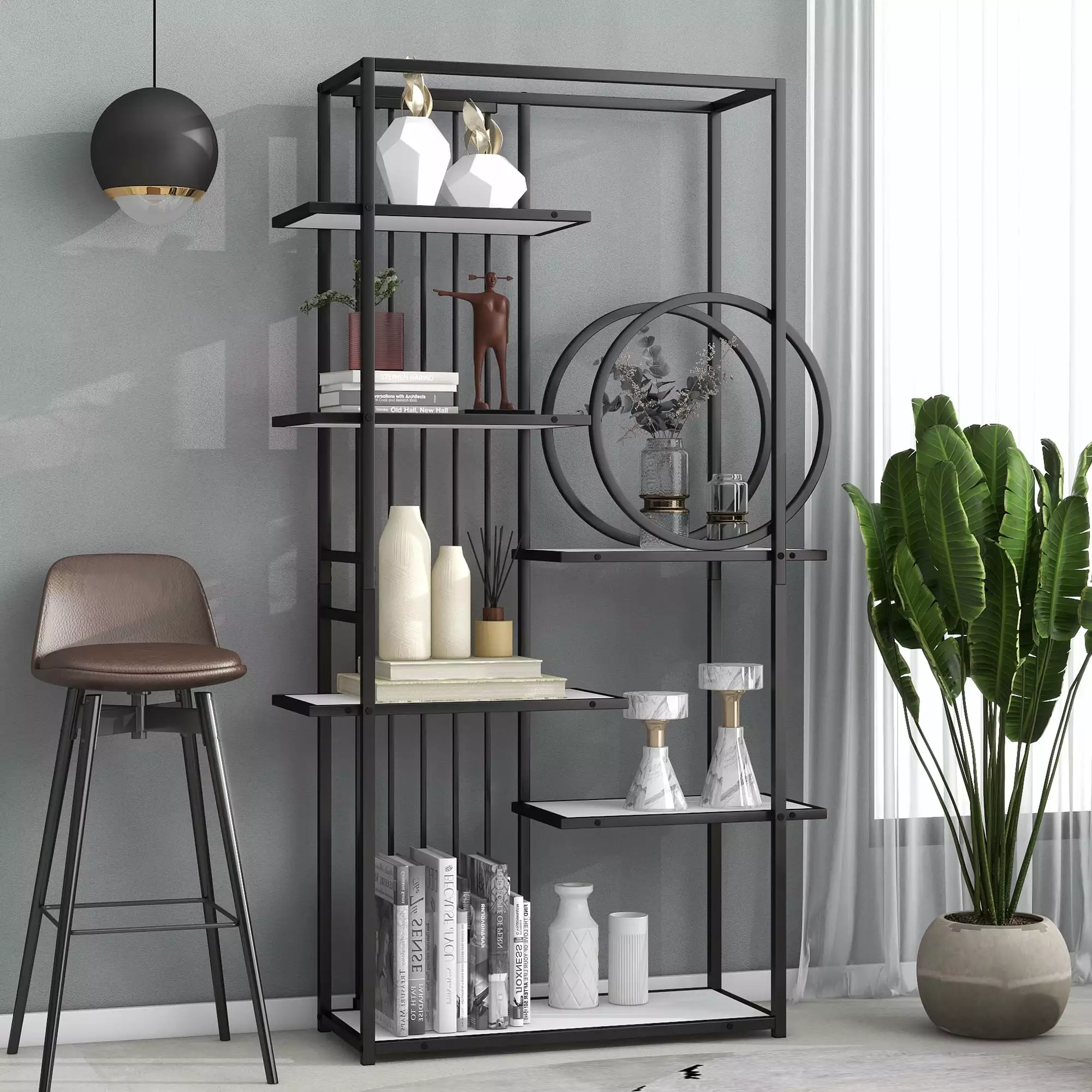 Paproos 6 Tier White Bookcase Tall Free Standing Bookshelf Black Metal Frame and Wooden Shelves Industrial Display Shelf Unit