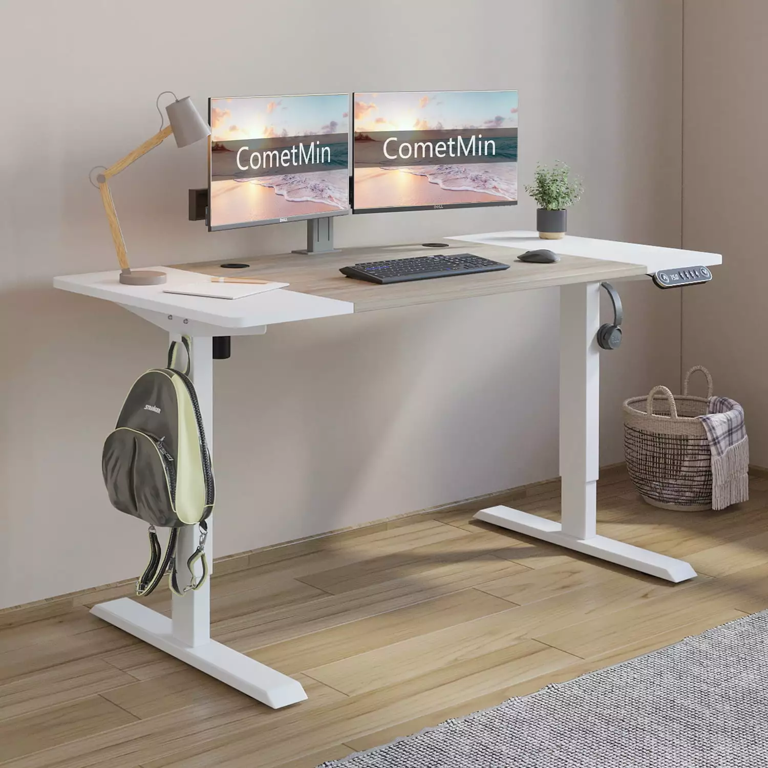 Electric Height Adjustable Standing Desk 55x24 Inches White Frame Maple Top Ergonomic Workstation Cometmin