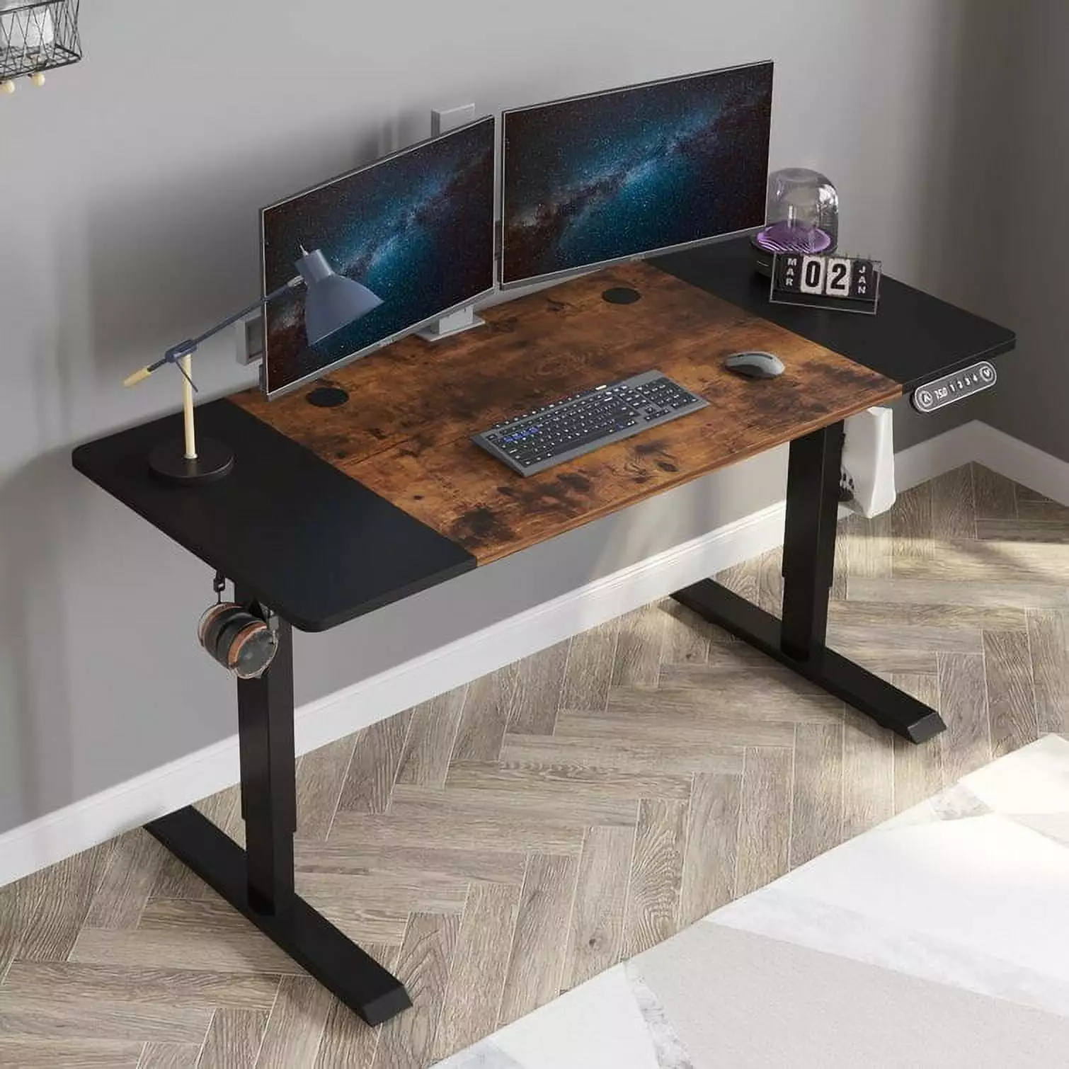 Electric Height Adjustable Standing Desk 55 x 24 Black Frame Brown Top Home Office Cometmin