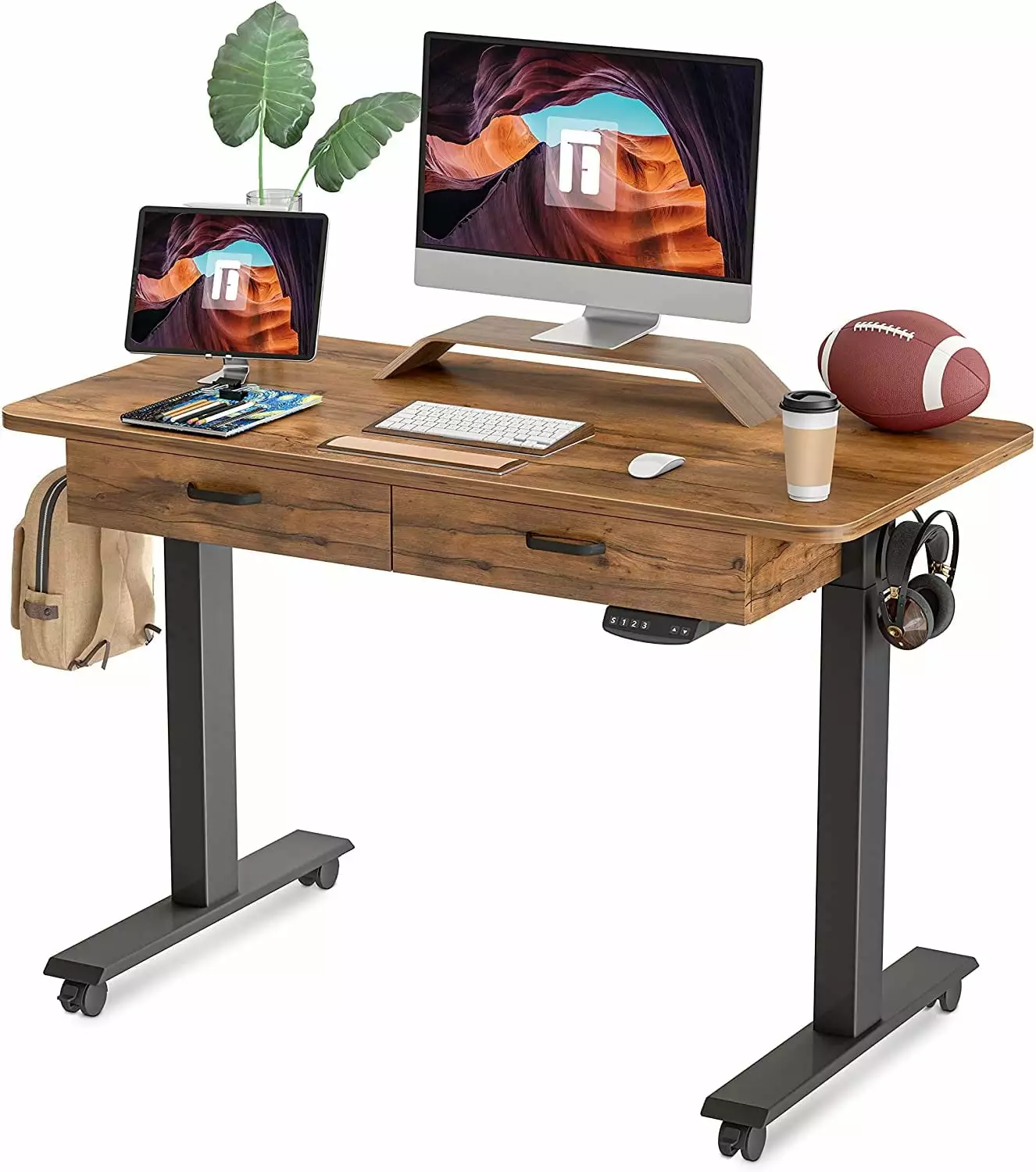 FEZIBO 48 Inch Adjustable Height Electric Standing Desk Double Drawer