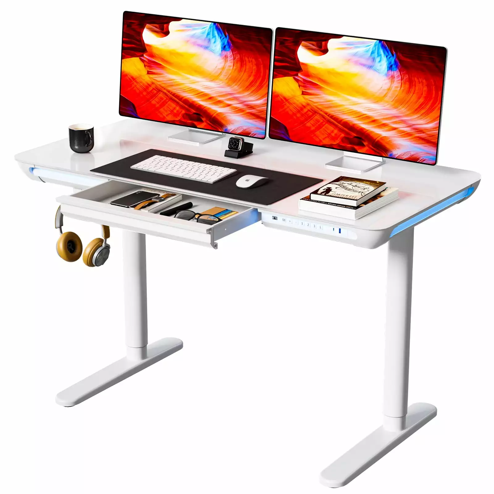 47x24 Inch LED Light Electric Standing Desk Drawers and USB Charging Ports Home Office JYLH JOYSEEKER