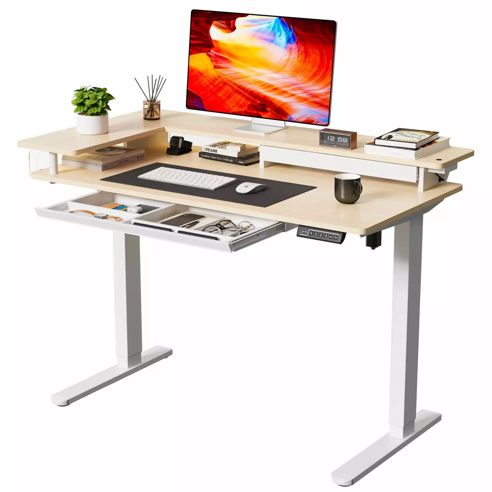 48 Inch Electric Standing Desk Double Drawers and Storage Shelf Home Office Workstation Light Wood JYLH JOYSEEKER
