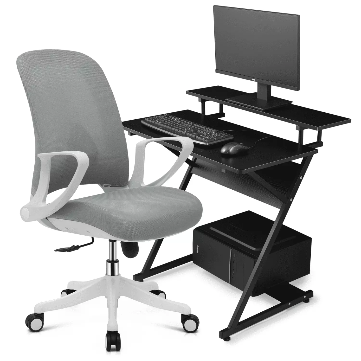 MoNiBloom Standing Computer Desk Monitor Shelf Host Rack and Rolling Reception Seat Lumbar Support Grey