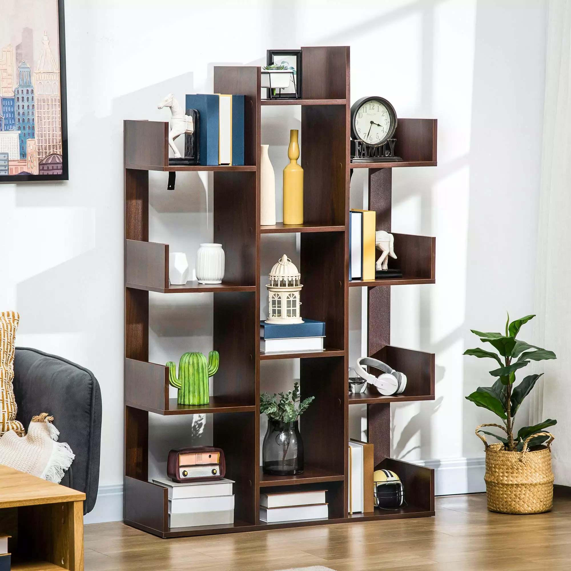 HOMCOM Modern Tree Bookshelf 13 Open Shelves - Freestanding Bookcase Living Room or Office Brown