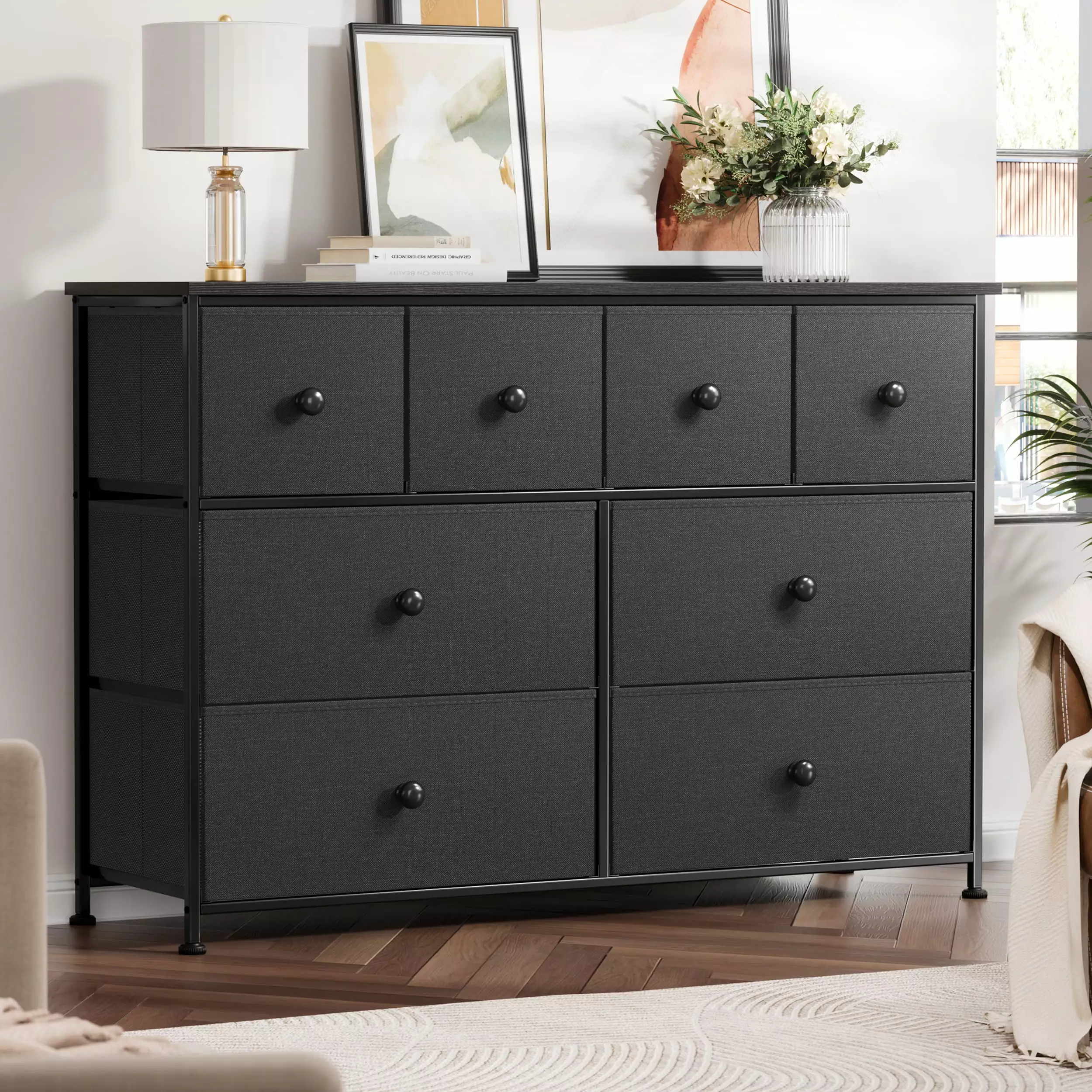 GUNAITO 8 Drawer Dresser Chest Drawers Fabric Drawer Steel Frame Black Grey