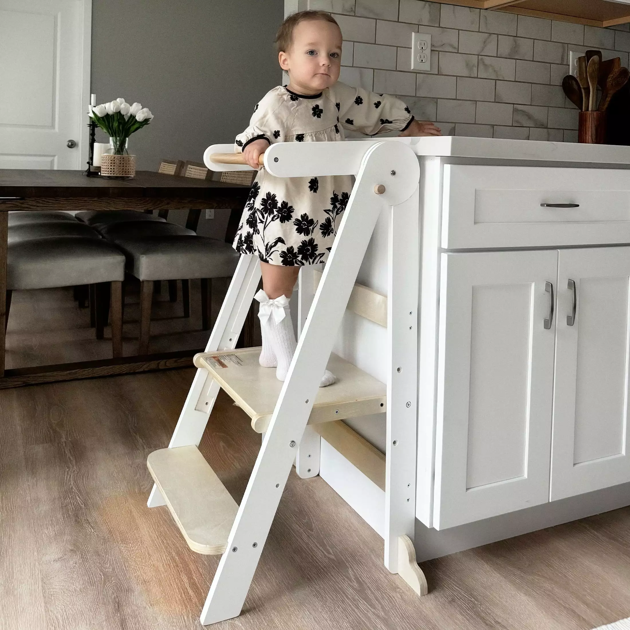 HARPPA White Foldable Step Stool Kids Aged 1-6 Years Adjustable Height Toddler Kitchen Tower