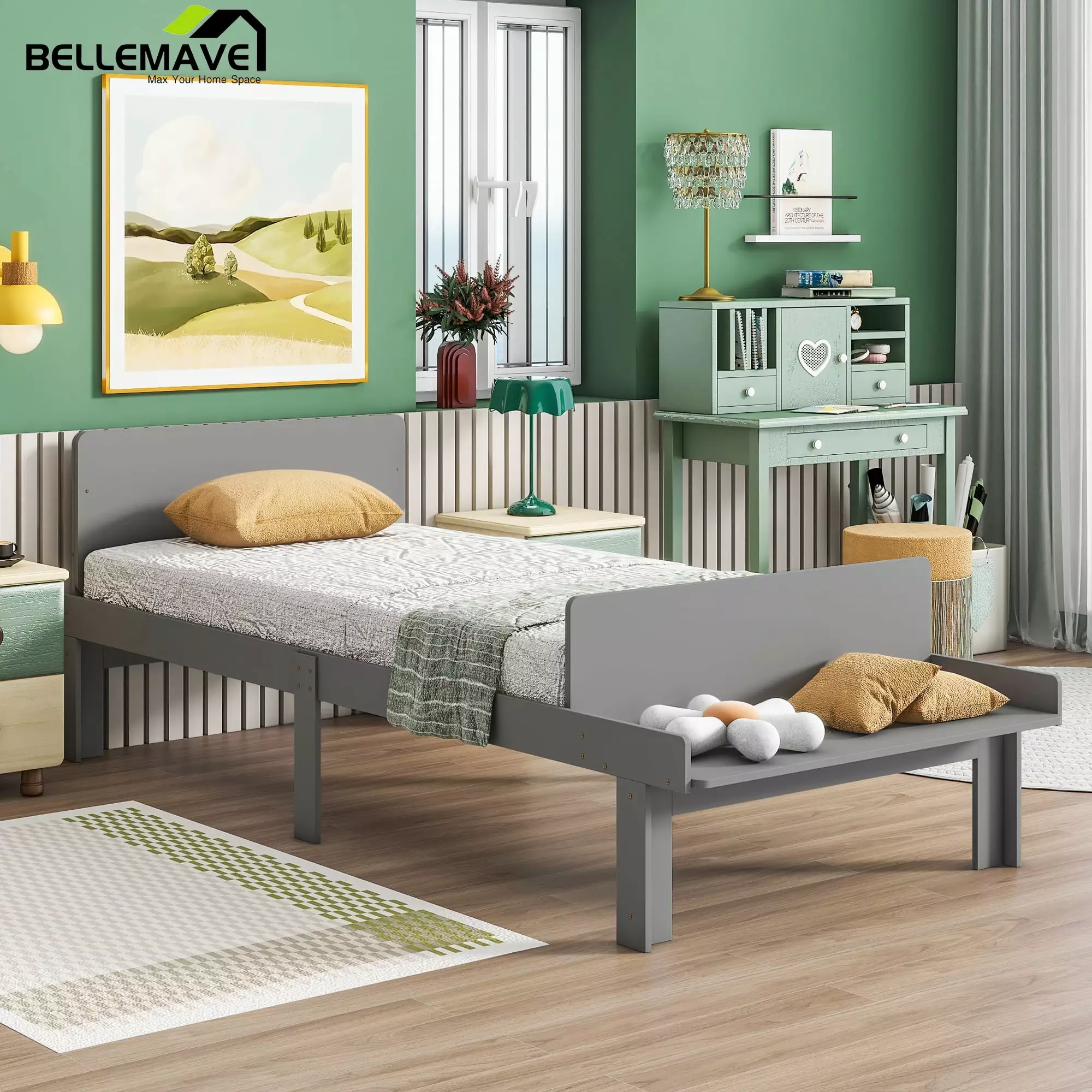 Bellemave Twin Platform Bed Bed-end Bench and Underneath Storage - Gray