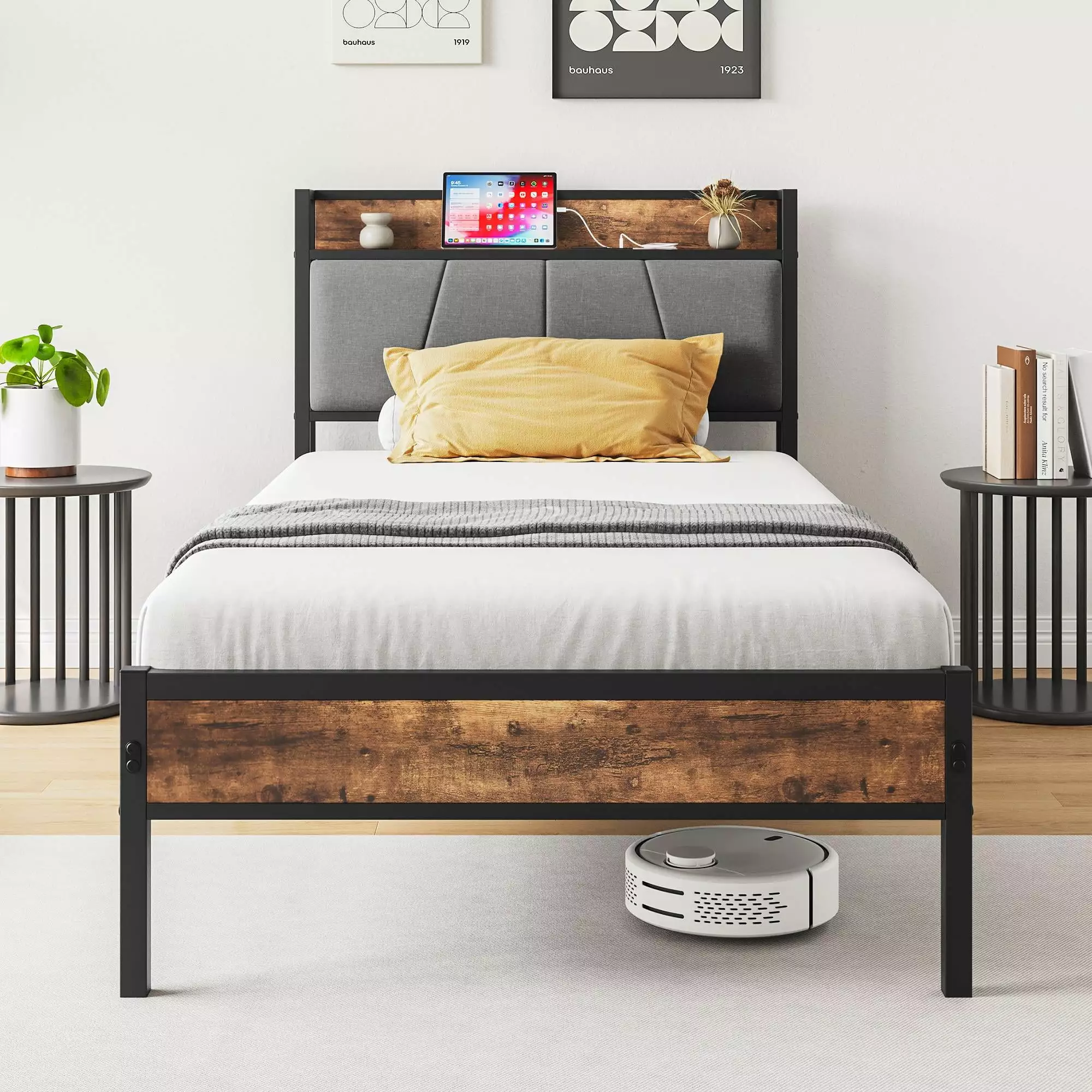 LegaHome Twin Bed Frame Storage Headboard and Charging Station - No Box Spring Needed - Black