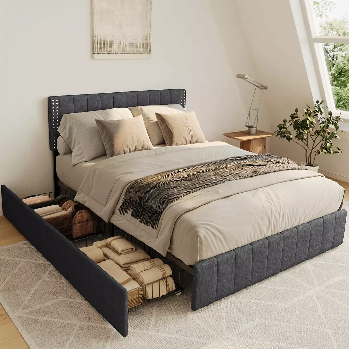 Aiho Bed Frame Queen 4 Storage Drawers Dark Grey Platform Bed