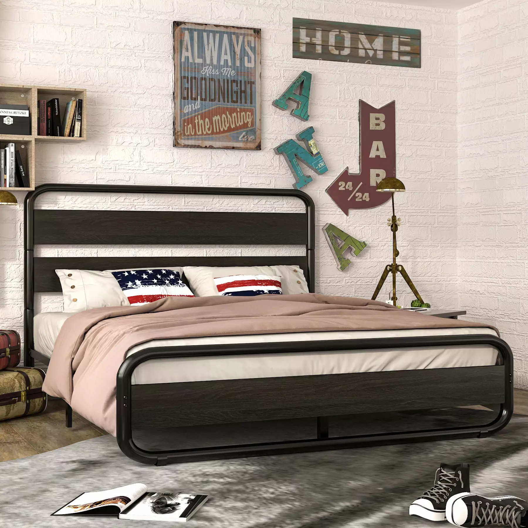Allewie Queen Metal Bed Frame Wooden Headboard & Footboard - Platform Bed Under-Bed Storage - Black