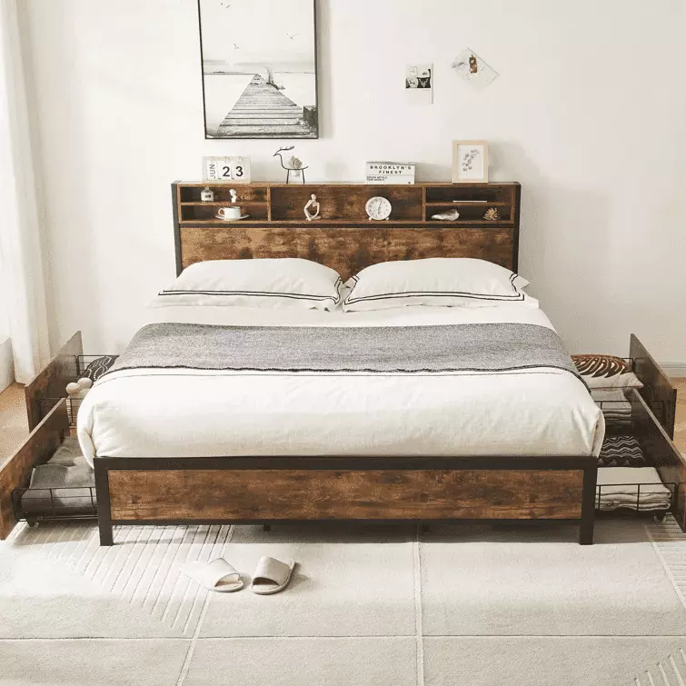 Alohappy Full Size Metal Platform Bed Wood Bookcase Headboard and 4 Storage Drawers Brown