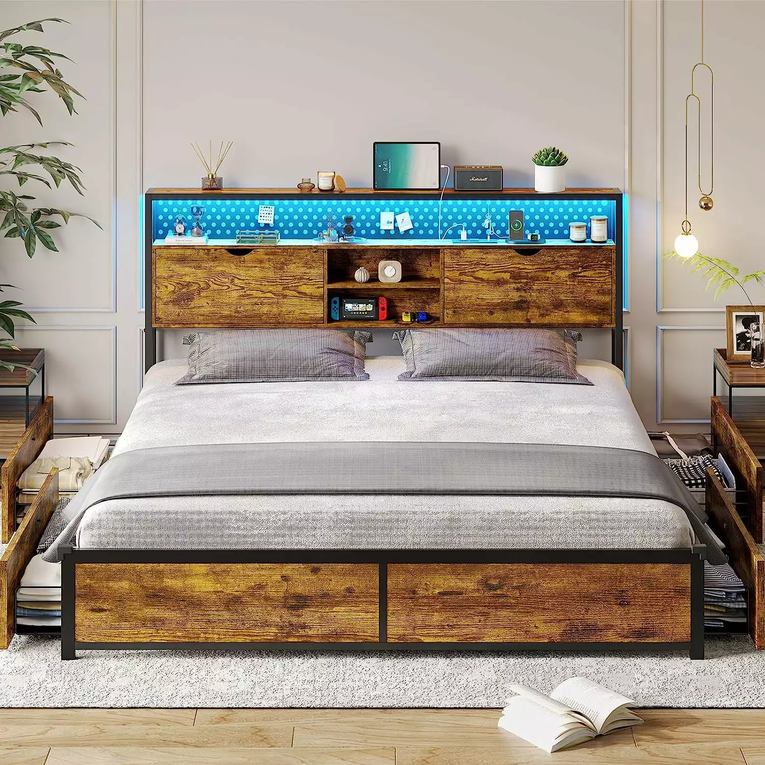 AOGLLATI Queen Size LED Bed Frame Headboard 4 Storage Drawers Platform Bed Type-C USB Charging Station Brown Black