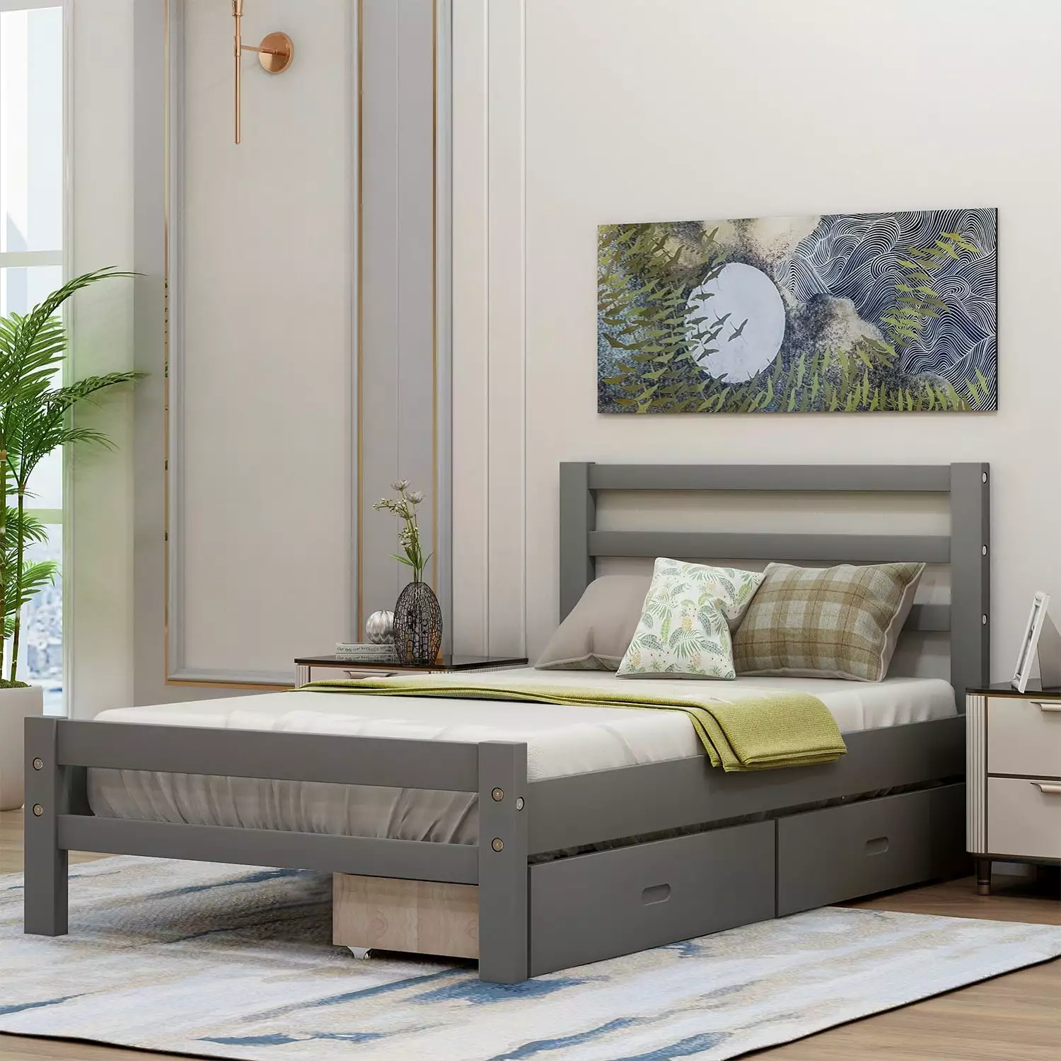 Twin Size Platform Bed 2 Drawers and Wheels Gray Solid Wooden Frame Headboard Storage Kids ARCTICSCORPION