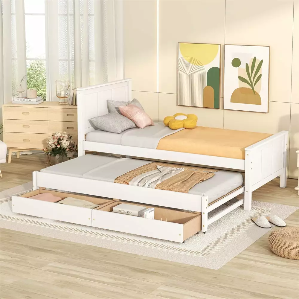 Twin Size Platform Bed Trundle and Drawers Wood Storage Bed Frame Slat Support White ARCTICSCORPION