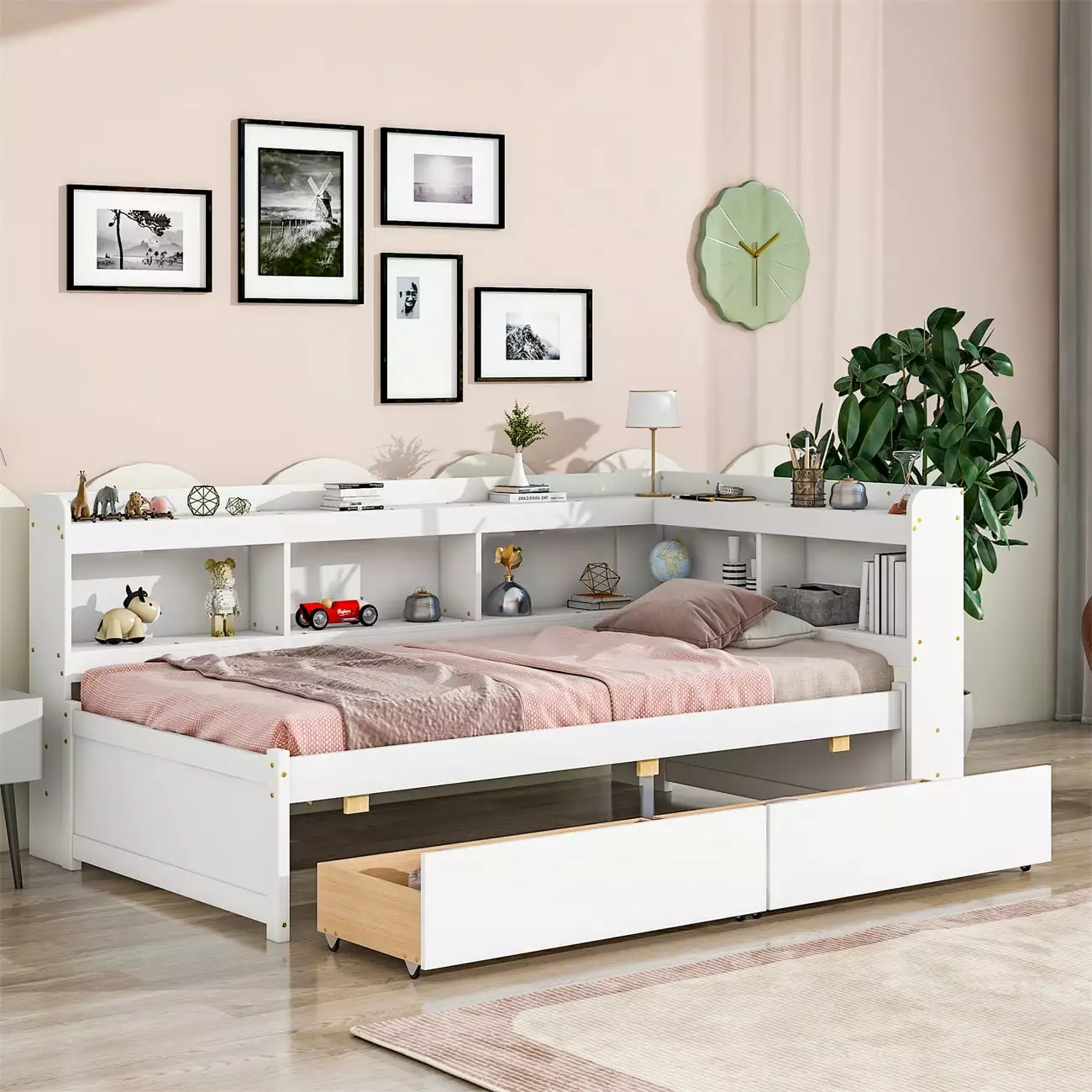 Twin Size Platform Bed Wood Floor Bed L-shaped Bookcase Kids Teens Adults Space Saving Design 2 Storage Drawers White ARCT...