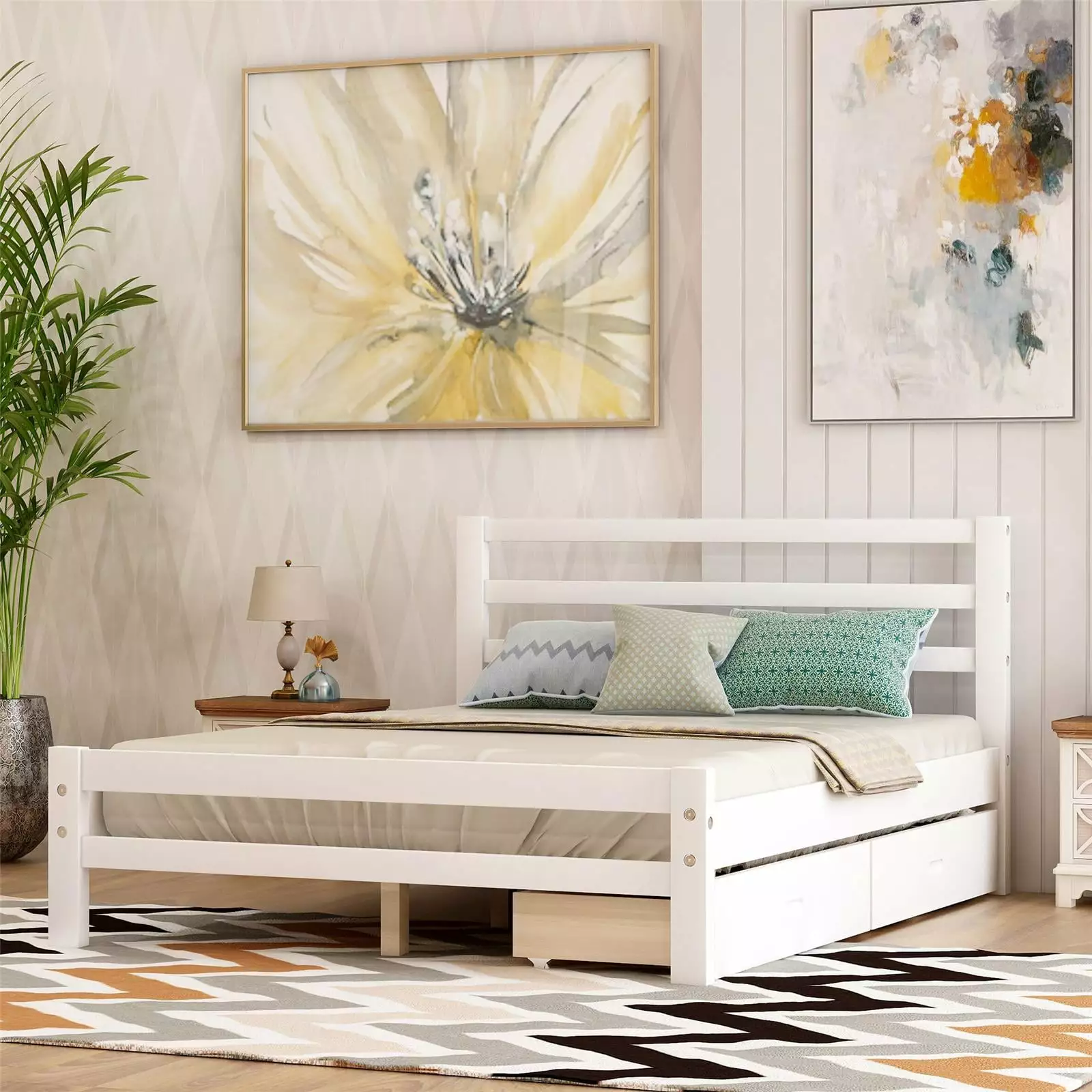 Wood Full Size Platform Bed Frame Headboard Footboard and Drawers White No Box Spring Needed ARCTICSCORPION
