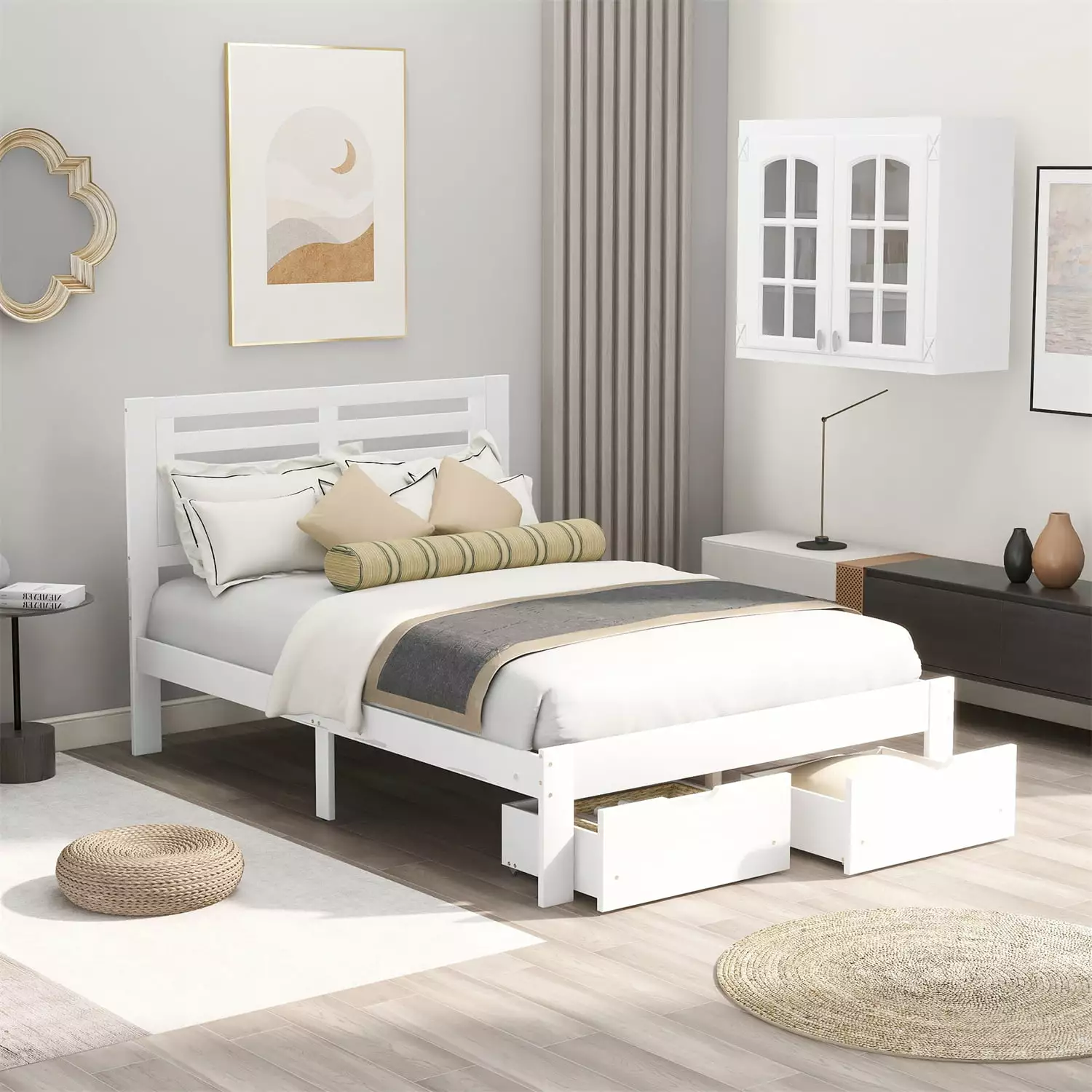 Wooden Platform Bed Frame Full Size 2 Drawers Hollow Headboard Multifunctional Storage White Finish ARCTICSCORPION