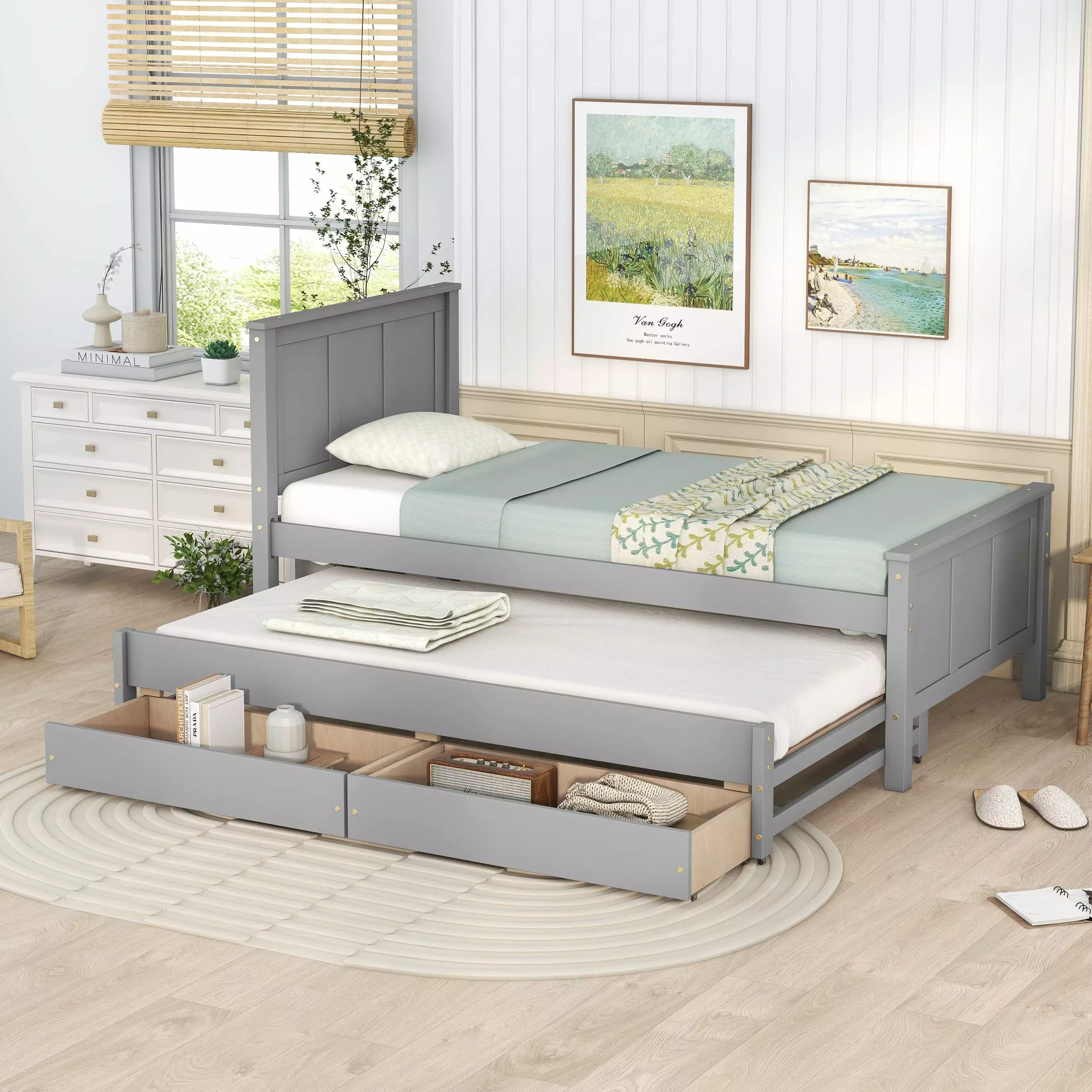 Aukfa Twin Platforms Storage Bed Trundle Wood Captain's Bed 2 Drawers Gray