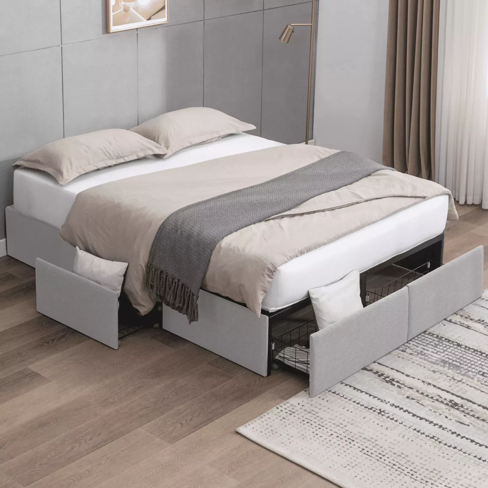 BALUS 59W Queen Storage Bed Frame 4 Drawers and Linen Fabric