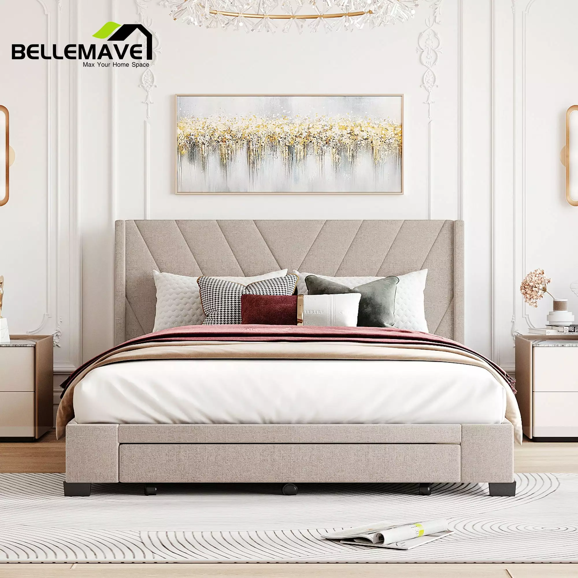 Bellemave Beige Linen Upholstered Queen Platform Bed 3 Drawers Storage Bed Frame Headboard
