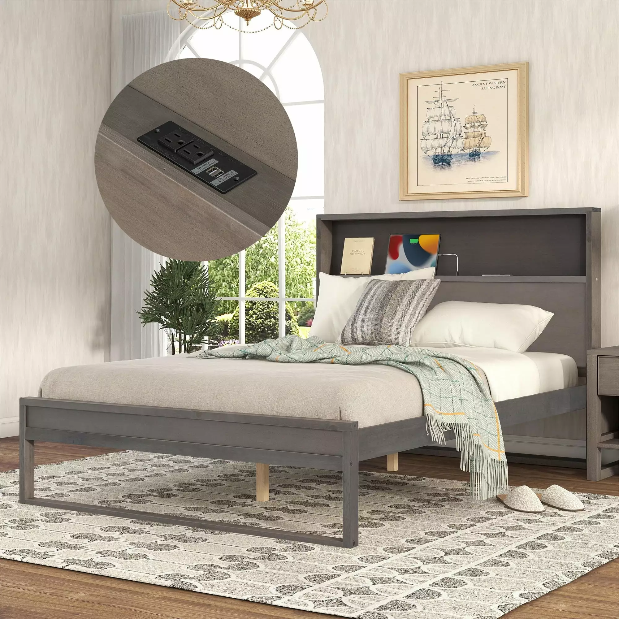 Bellemave Full Bed Storage Bookcase Headboard Solid Wood Platform Frame USB Ports Antique Gray