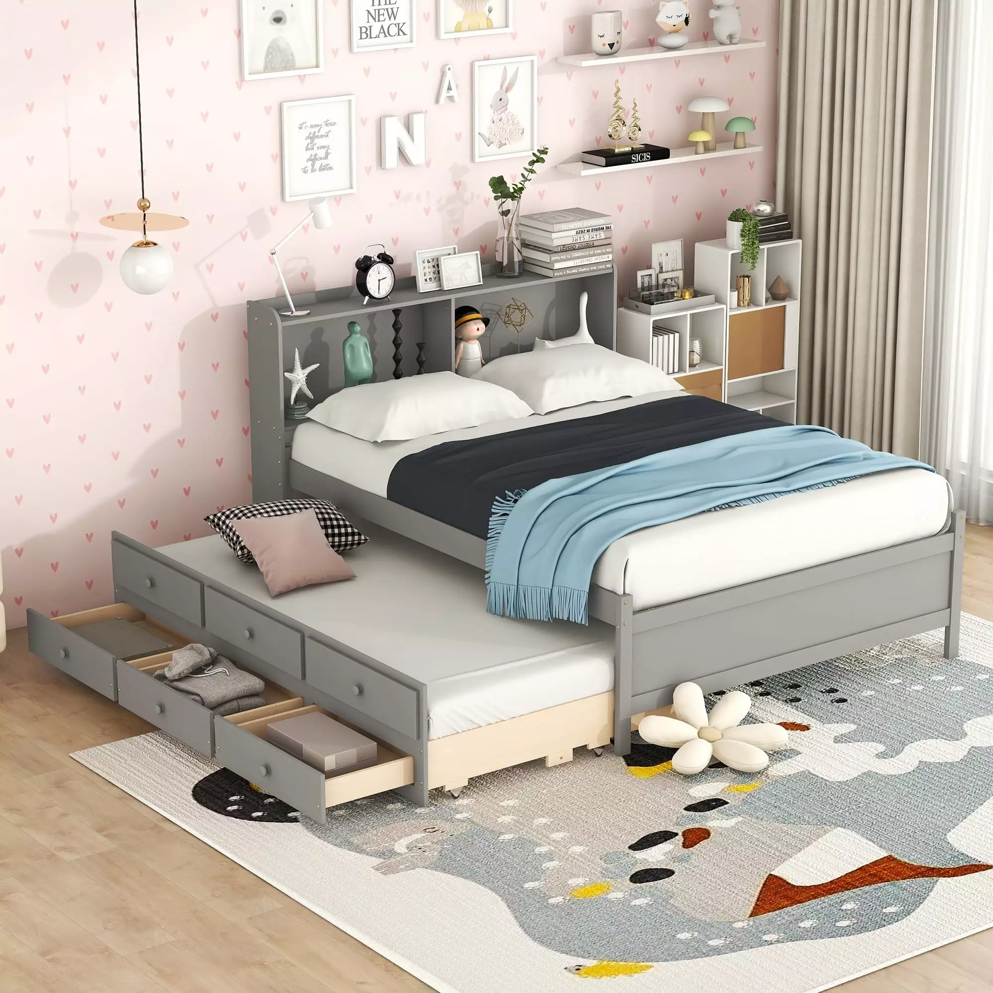 Bellemave Full Bed Storage Drawers and Trundle Wooden Twin Size Platform Bed Bookcase Headboard Twin Storage Bed and Trund...