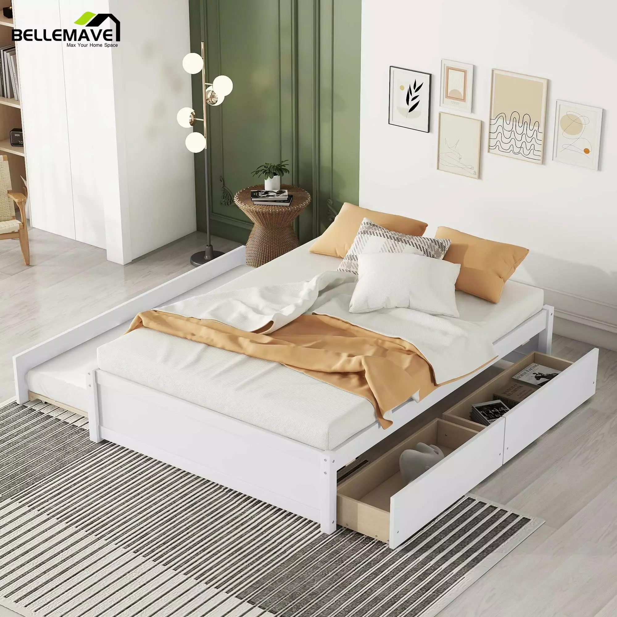 Bellemave Full Bed Trundle and Storage Solid Wood Platform Bed Frame White