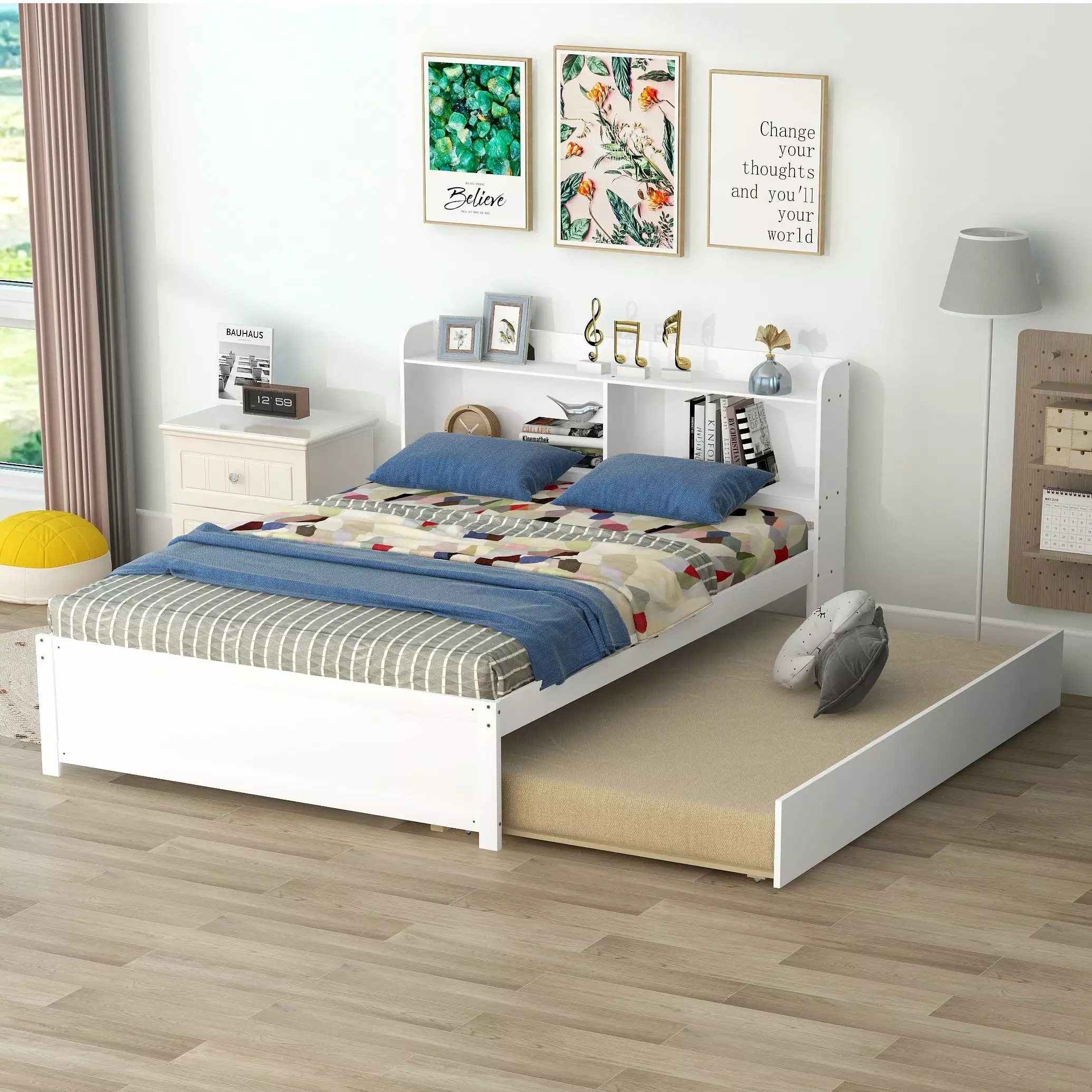 Bellemave Full Bed Twin Trundle and Bookcase Headboard Wooden Platform Bed Storage Shelves Kids Teens Adults White