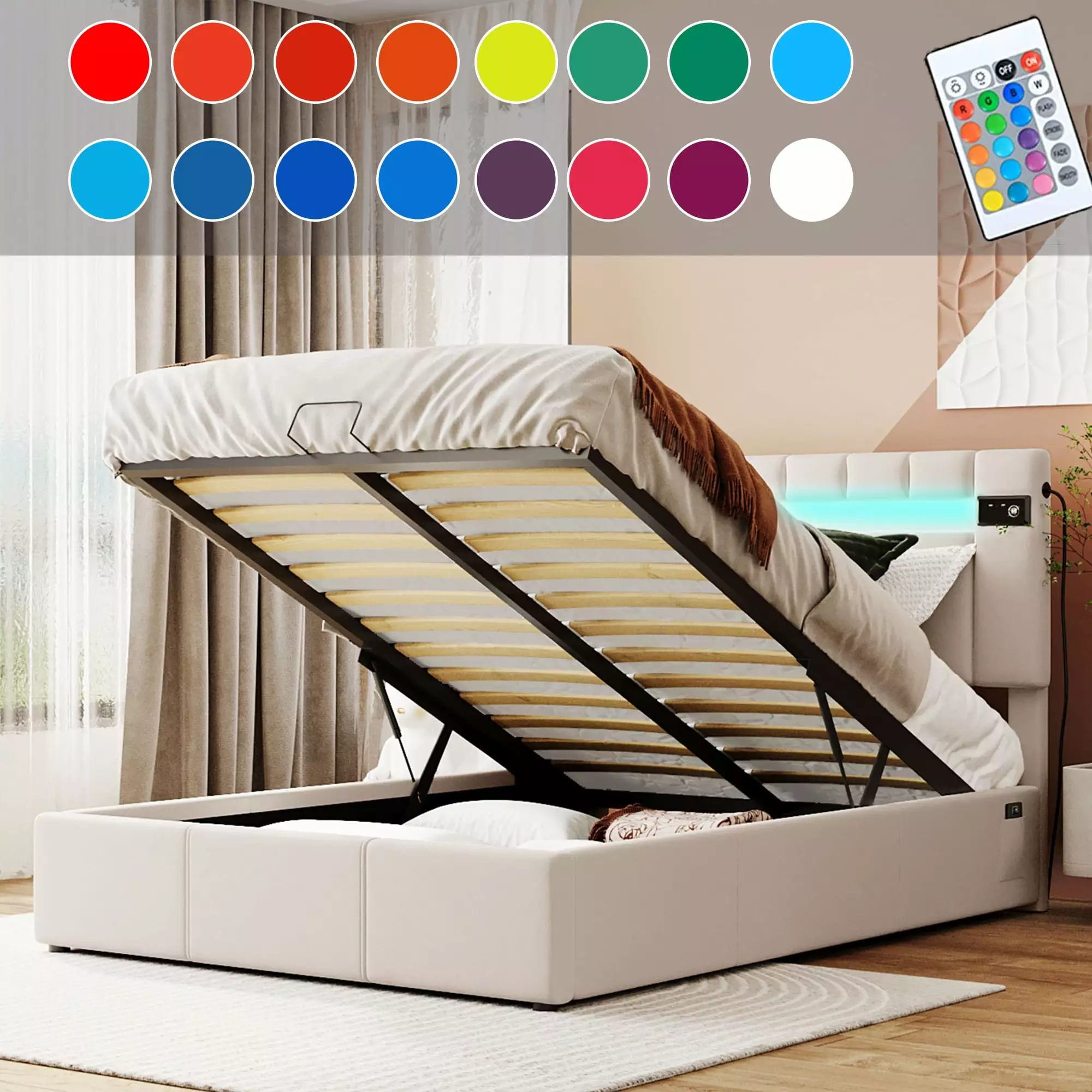 Bellemave Full Size Bed Frame Storage and LED Light Beige Upholstered Hydraulic Platform Bed Bluetooth Player USB Charging