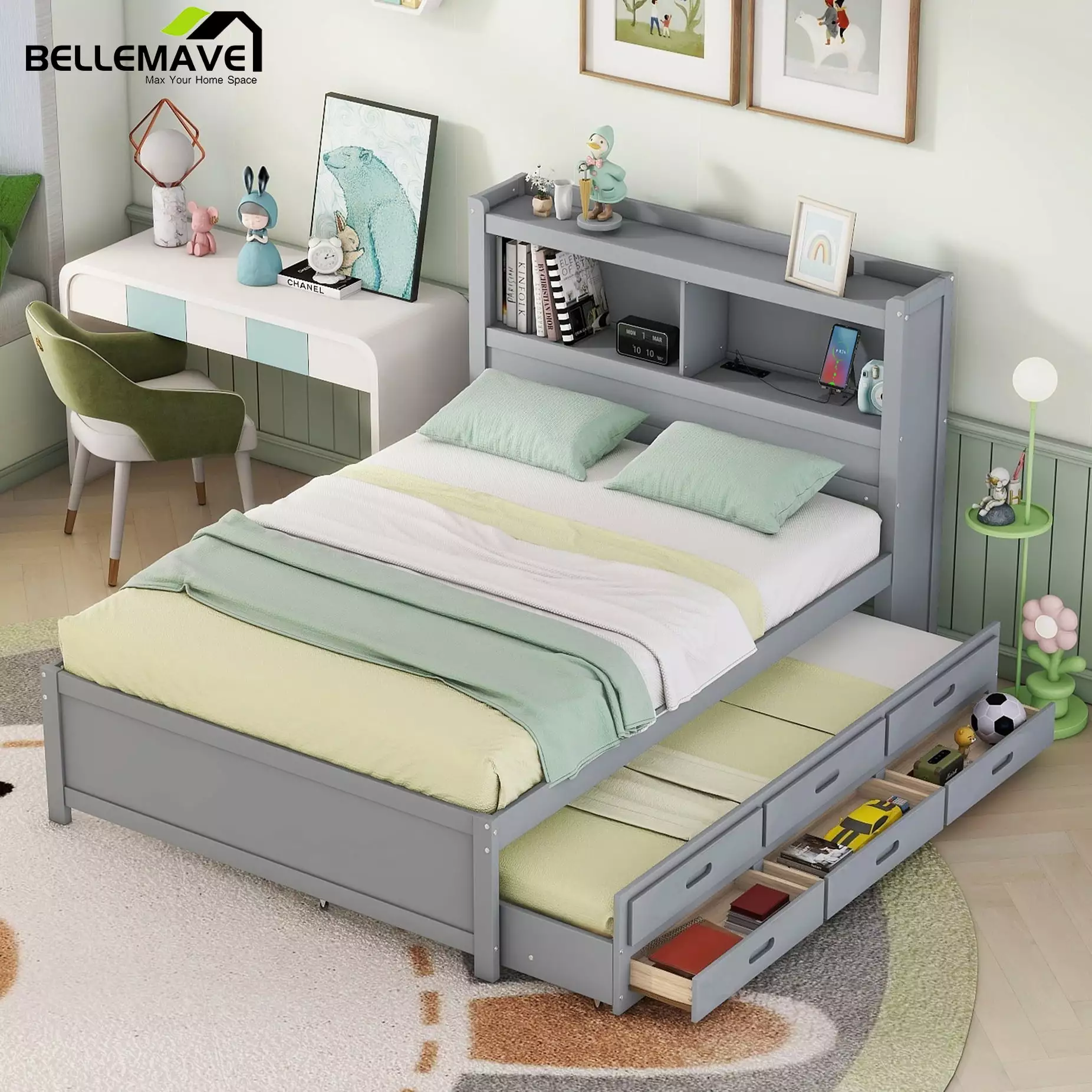 Bellemave Full Size Captain Bed Storage Bookcase Headboard USB Charging Ports Platform Bed Trundle Drawers Gray
