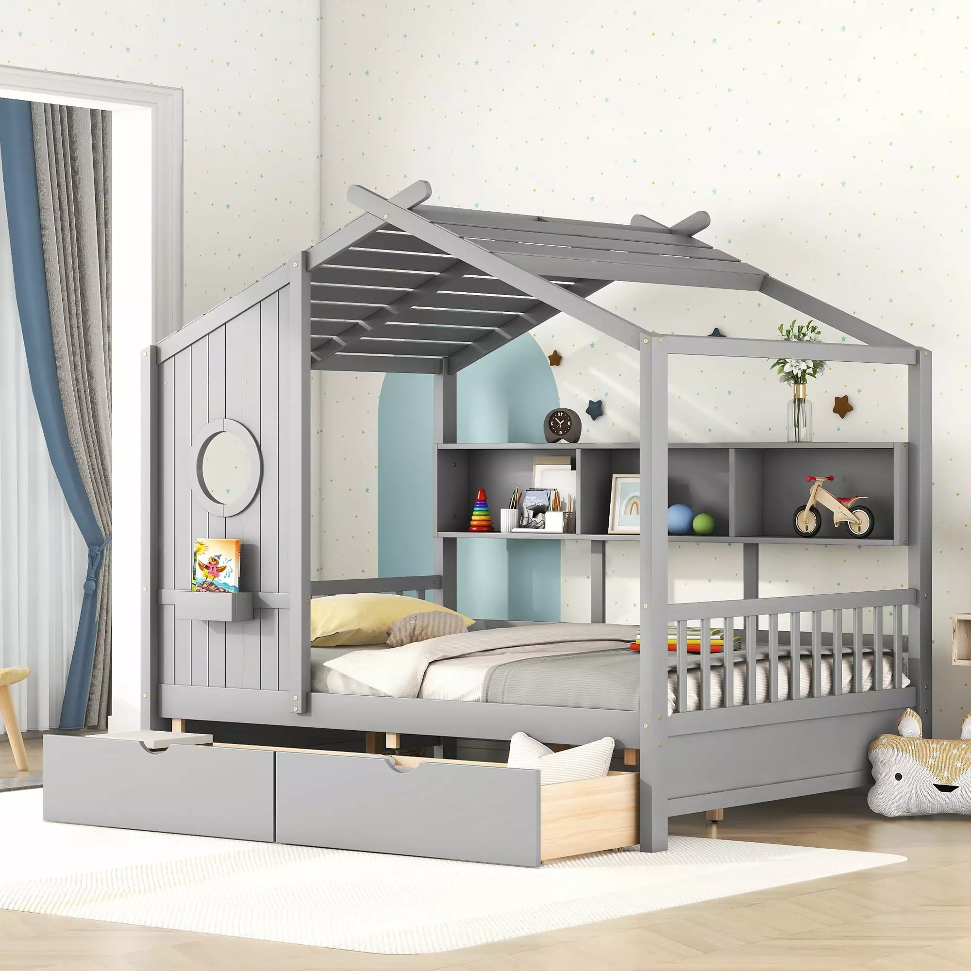 Bellemave Full Size Houtilize Bed Storage Shelves and Drawers Full Storage Platform Bed Bookcases Headboard and Footboard